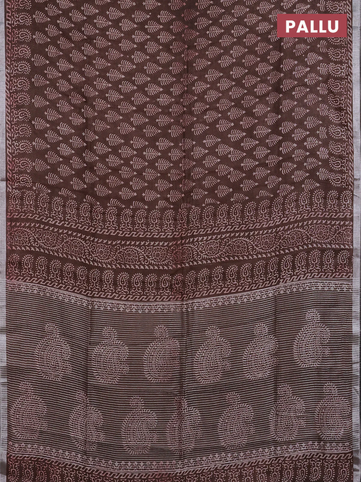 Pure linen saree brown with allover butta prints and silver zari woven border - Image 3