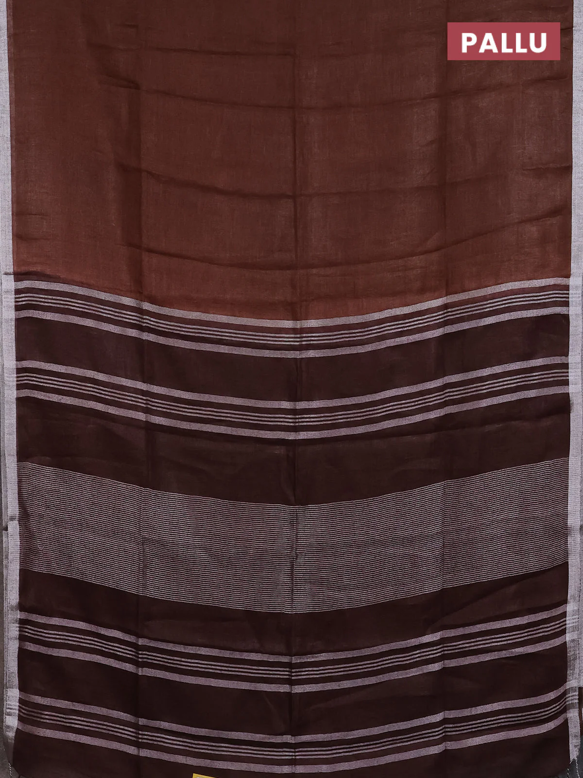 Pure linen saree brown with plain body and silver zari woven border - Image 3