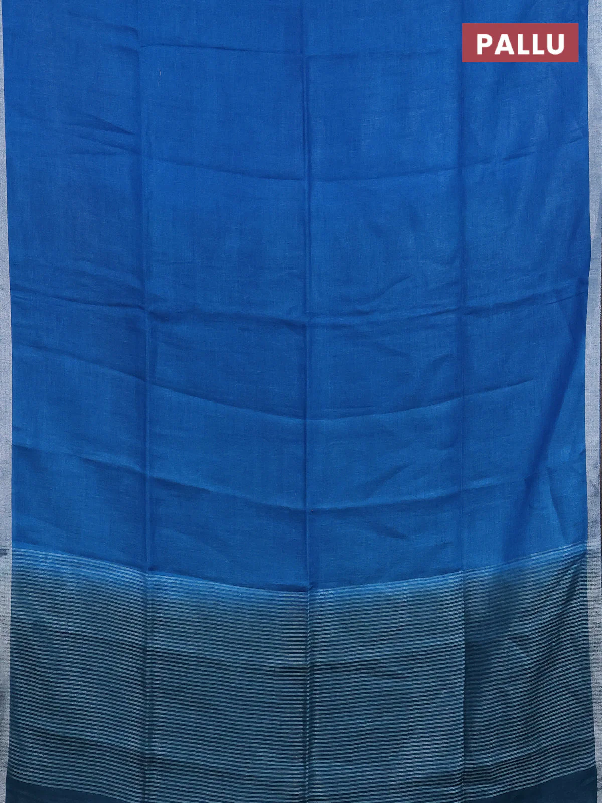 Pure linen saree cs blue and peacock blue with plain body and silver zari woven border - Image 3