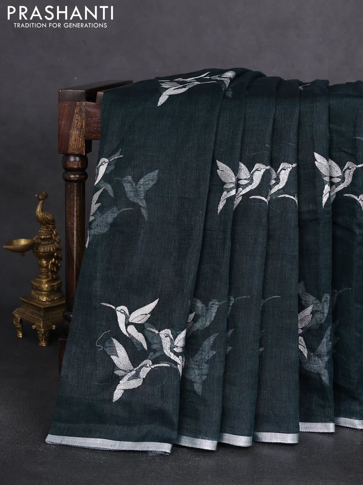 Pure linen saree dark peacock green with thread & silver zari woven buttas and silver zari woven piping border - Image 2