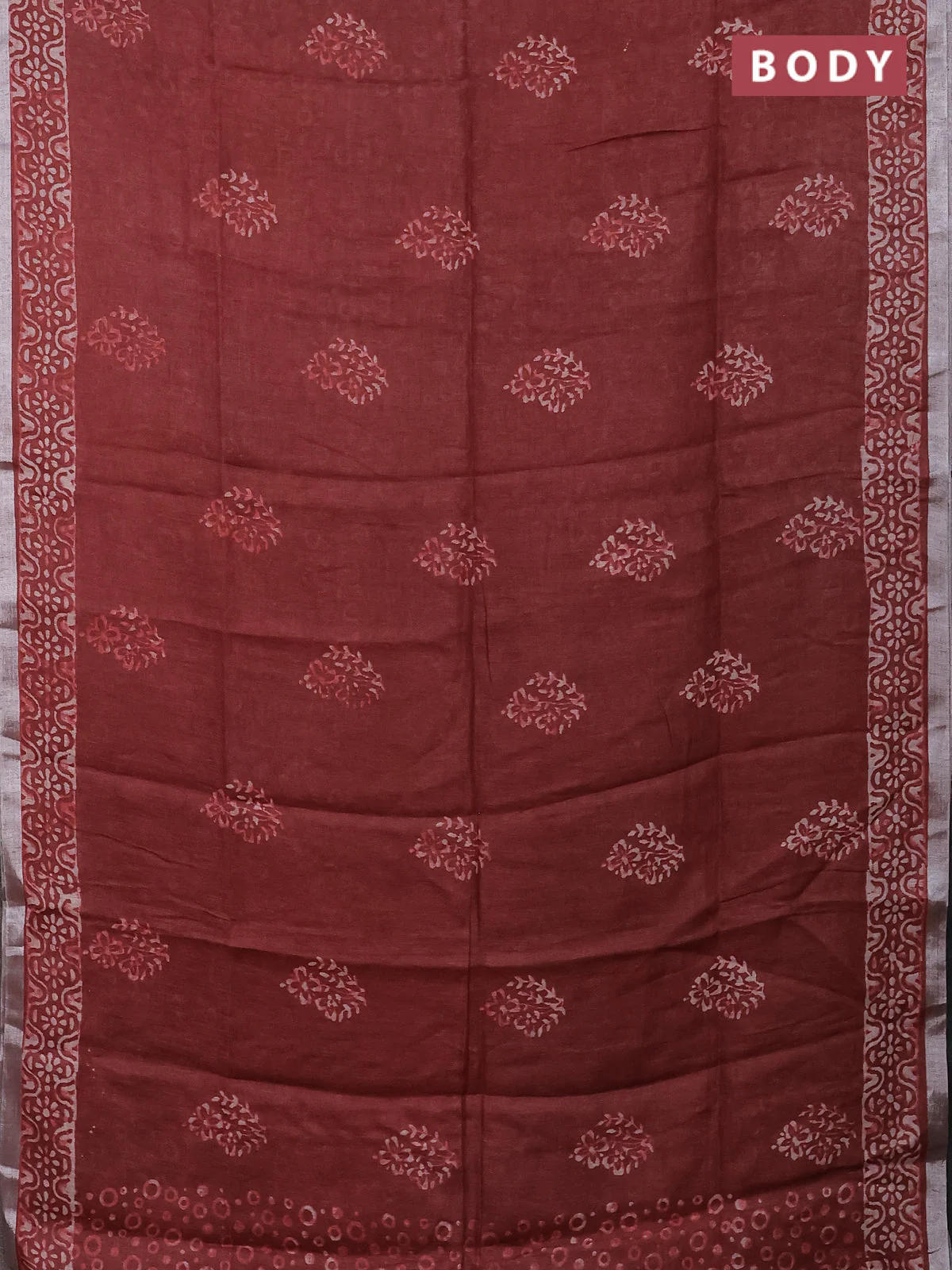 Pure linen saree maroon with allover butta prints and silver zari woven border - Image 2