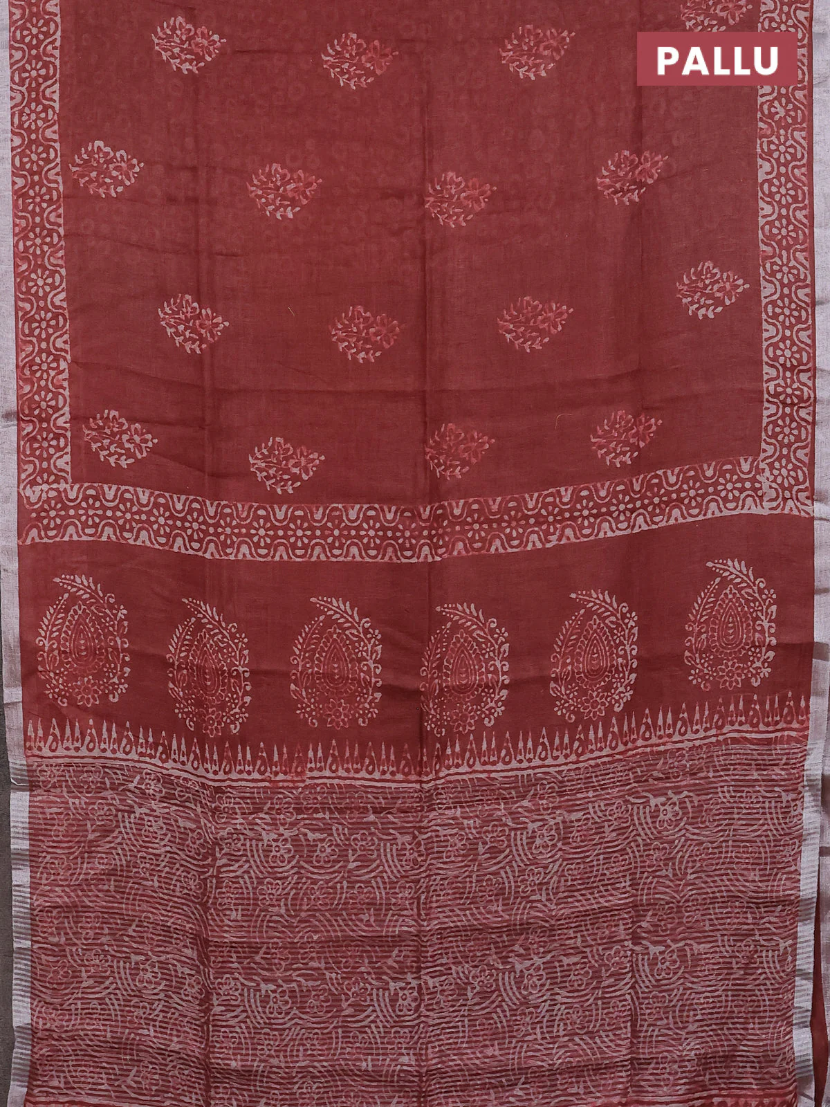 Pure linen saree maroon with allover butta prints and silver zari woven border - Image 3