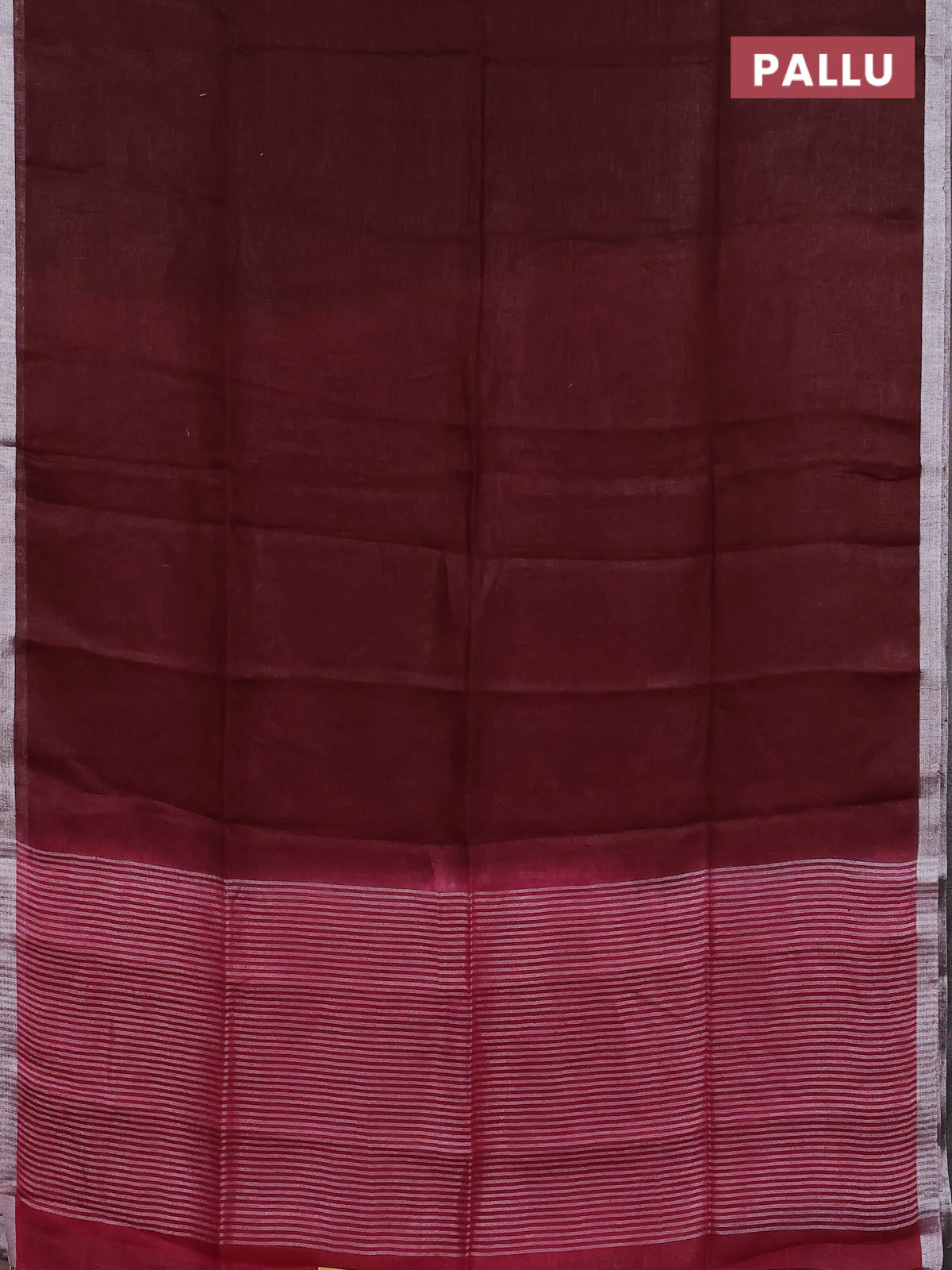 Pure linen saree maroon with plain body and silver zari woven border - Image 3