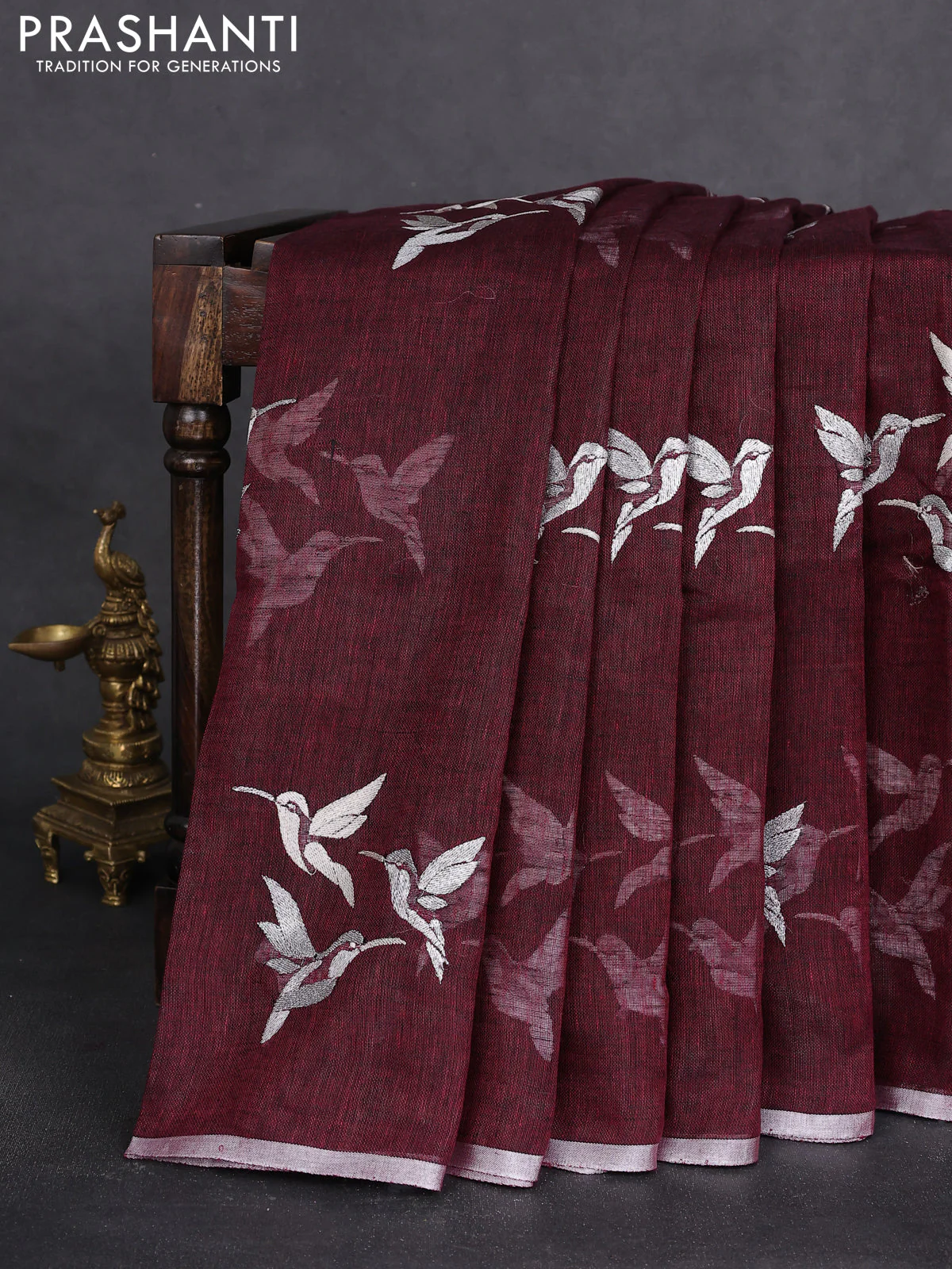 Pure linen saree maroon with thread & silver zari woven buttas and silver zari woven piping border - Image 2