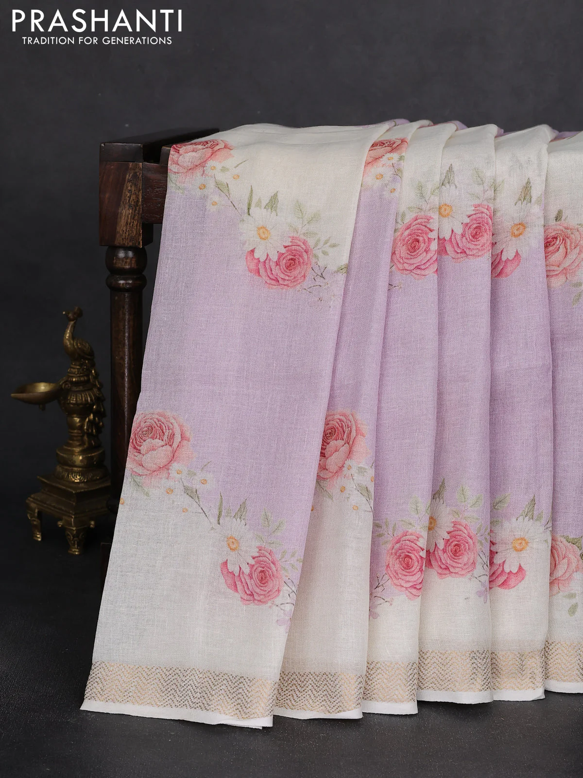 Pure linen saree mild lavender and cream with allover flower prints and zari woven border - Image 2