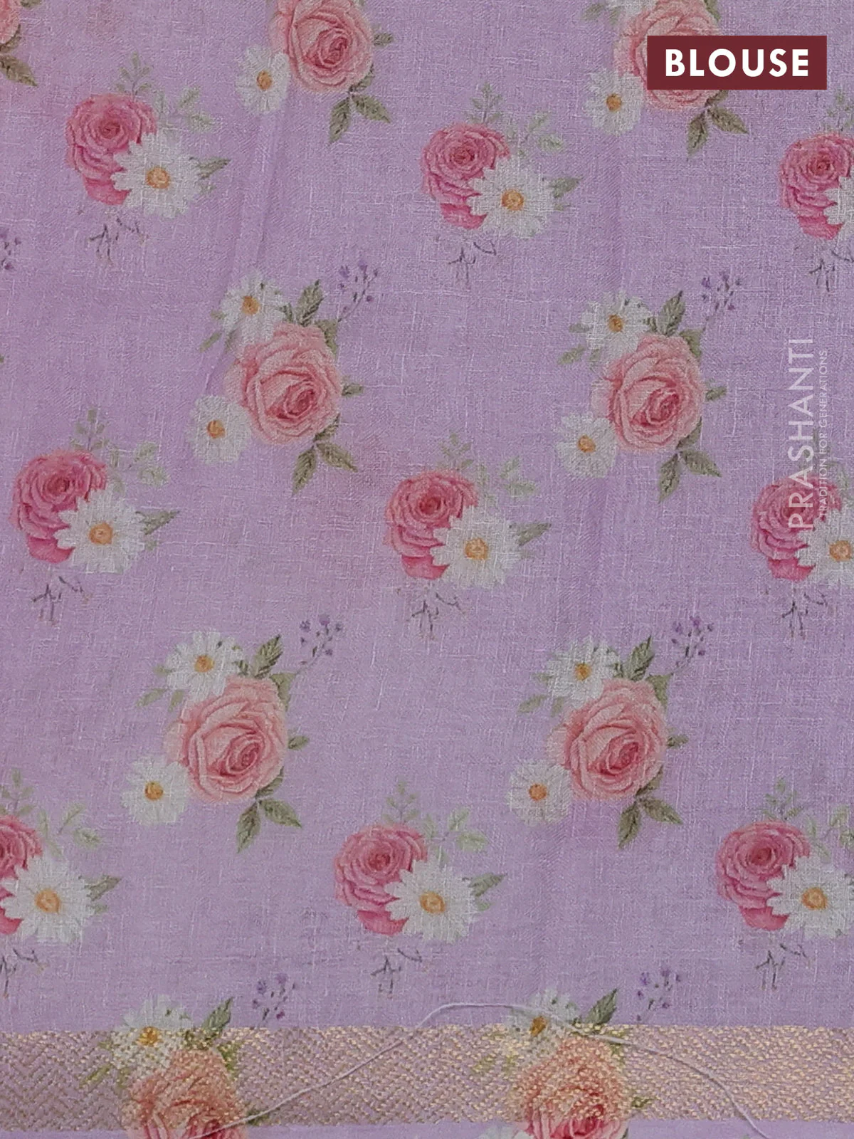Pure linen saree mild lavender and cream with allover flower prints and zari woven border - Image 3