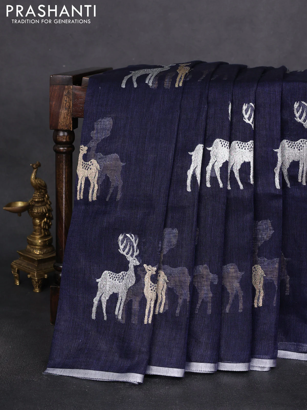 Pure linen saree navy blue with gold & silver zari woven buttas and silver zari woven piping border - Image 2