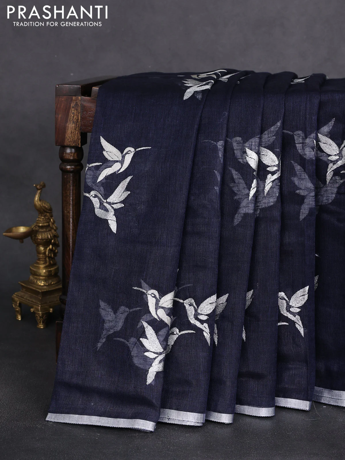 Pure linen saree navy blue with thread & silver zari woven buttas and silver zari woven piping border - Image 2