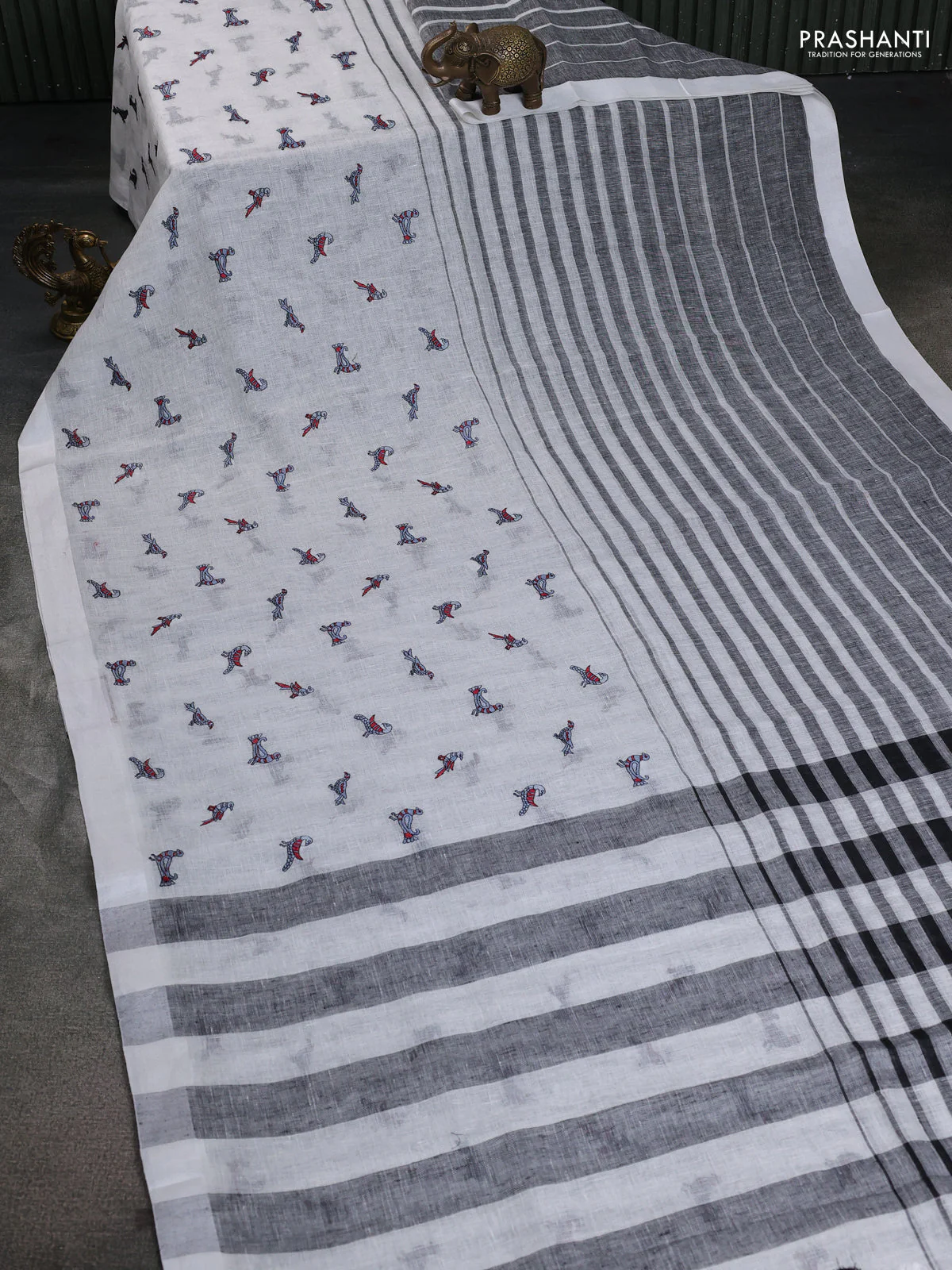 Pure linen saree off white and black with half & half style and border less style