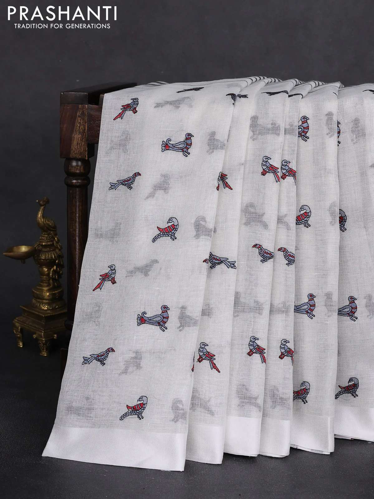 Pure linen saree off white and black with half & half style and border less style - Image 2