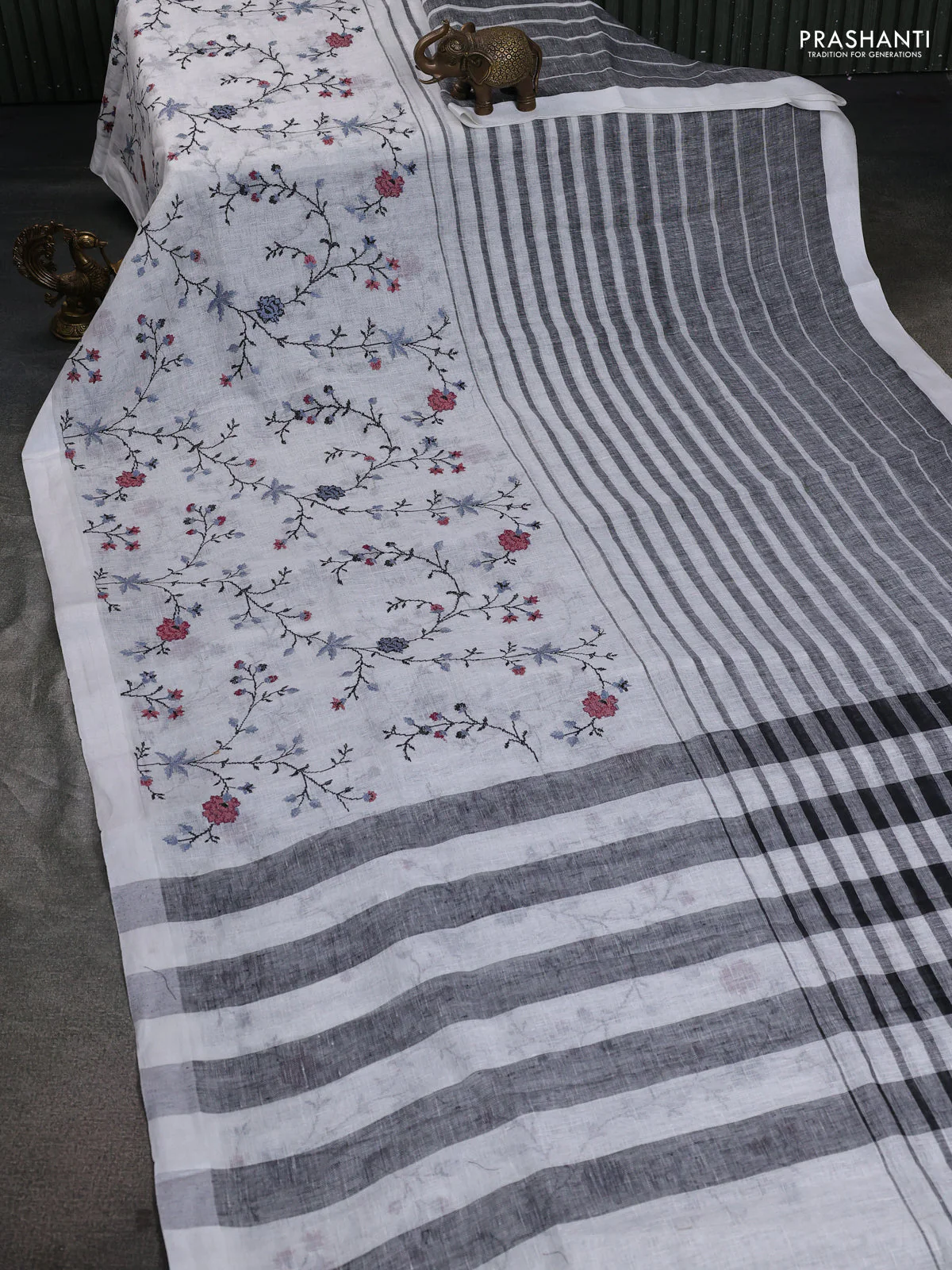 Pure linen saree off white and black with half & half style and border less style