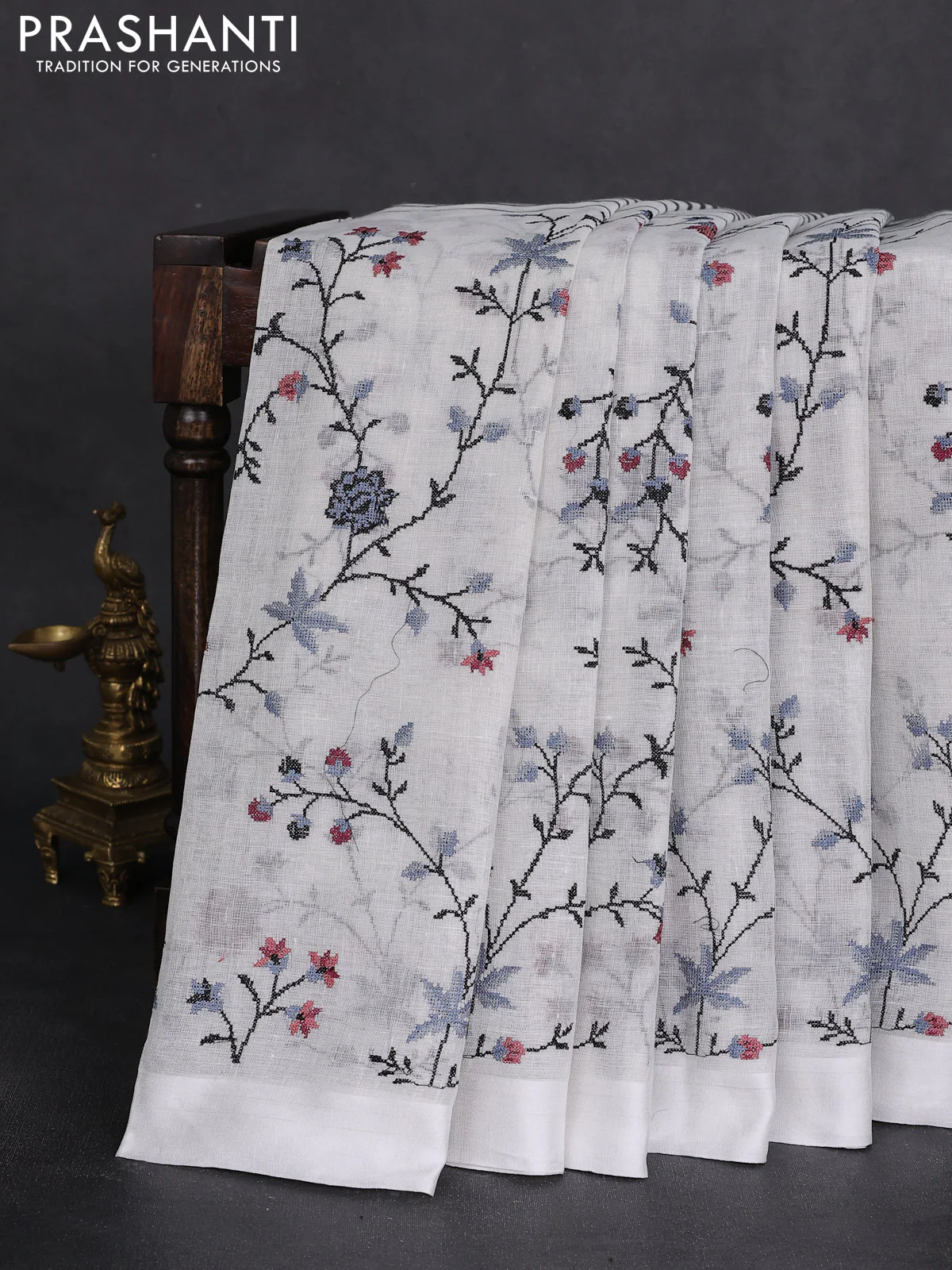 Pure linen saree off white and black with half & half style and border less style - Image 2
