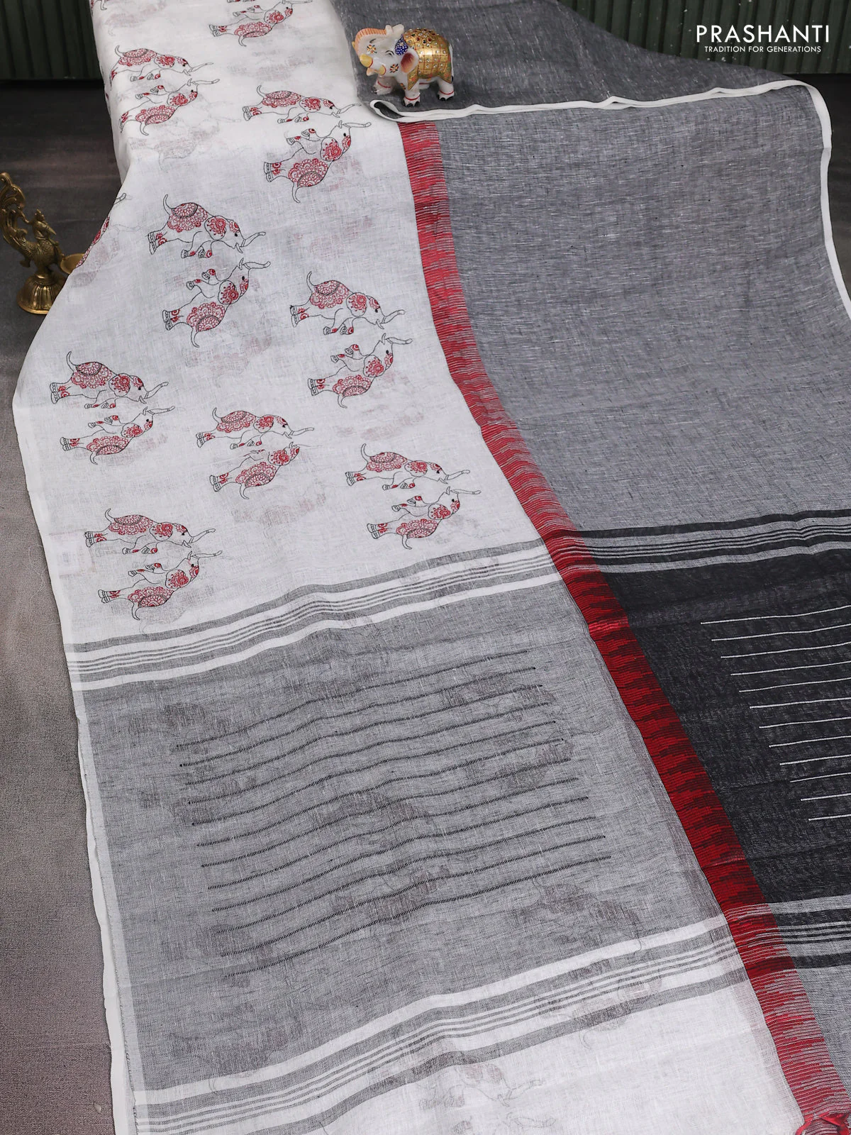 Pure linen saree off white and black with half & half style and border less style