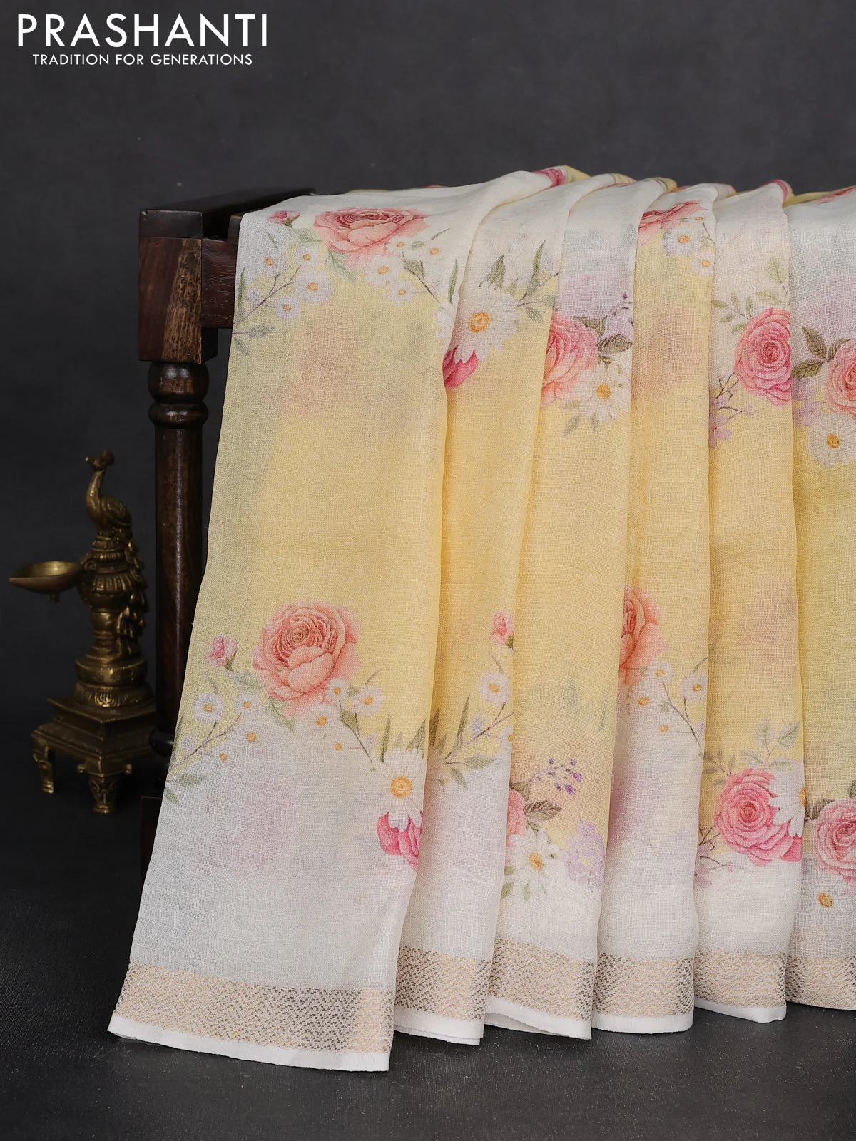 Pure linen saree pale yellow and cream with allover flower prints and zari woven border - Image 2