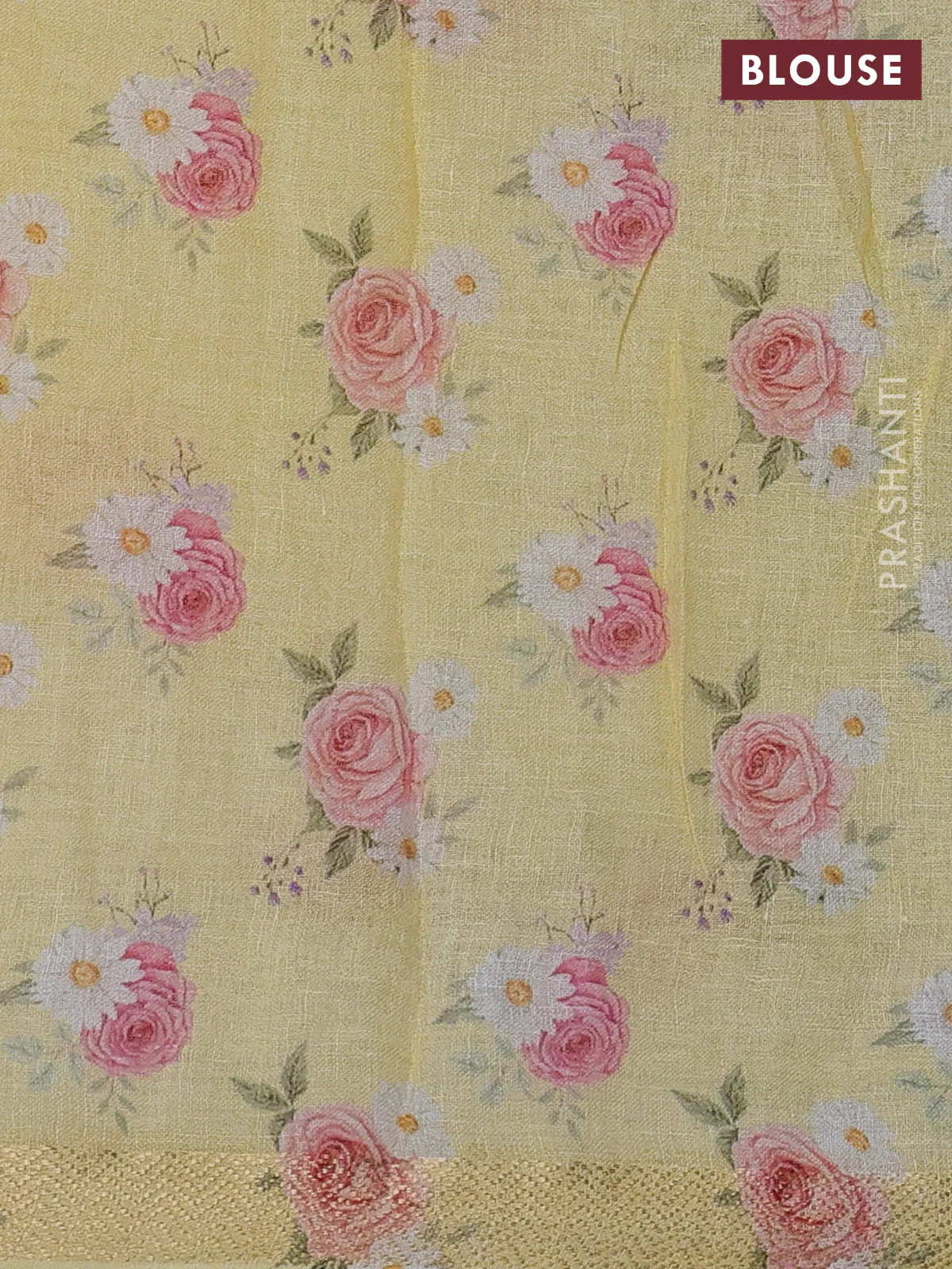 Pure linen saree pale yellow and cream with allover flower prints and zari woven border - Image 3