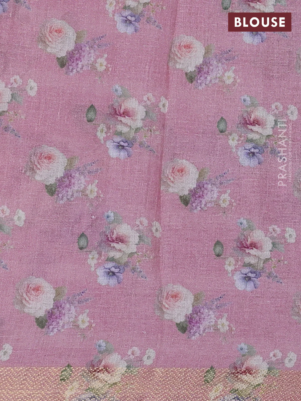 Pure linen saree peach pink and off white with allover flower prints and zari woven border - Image 3