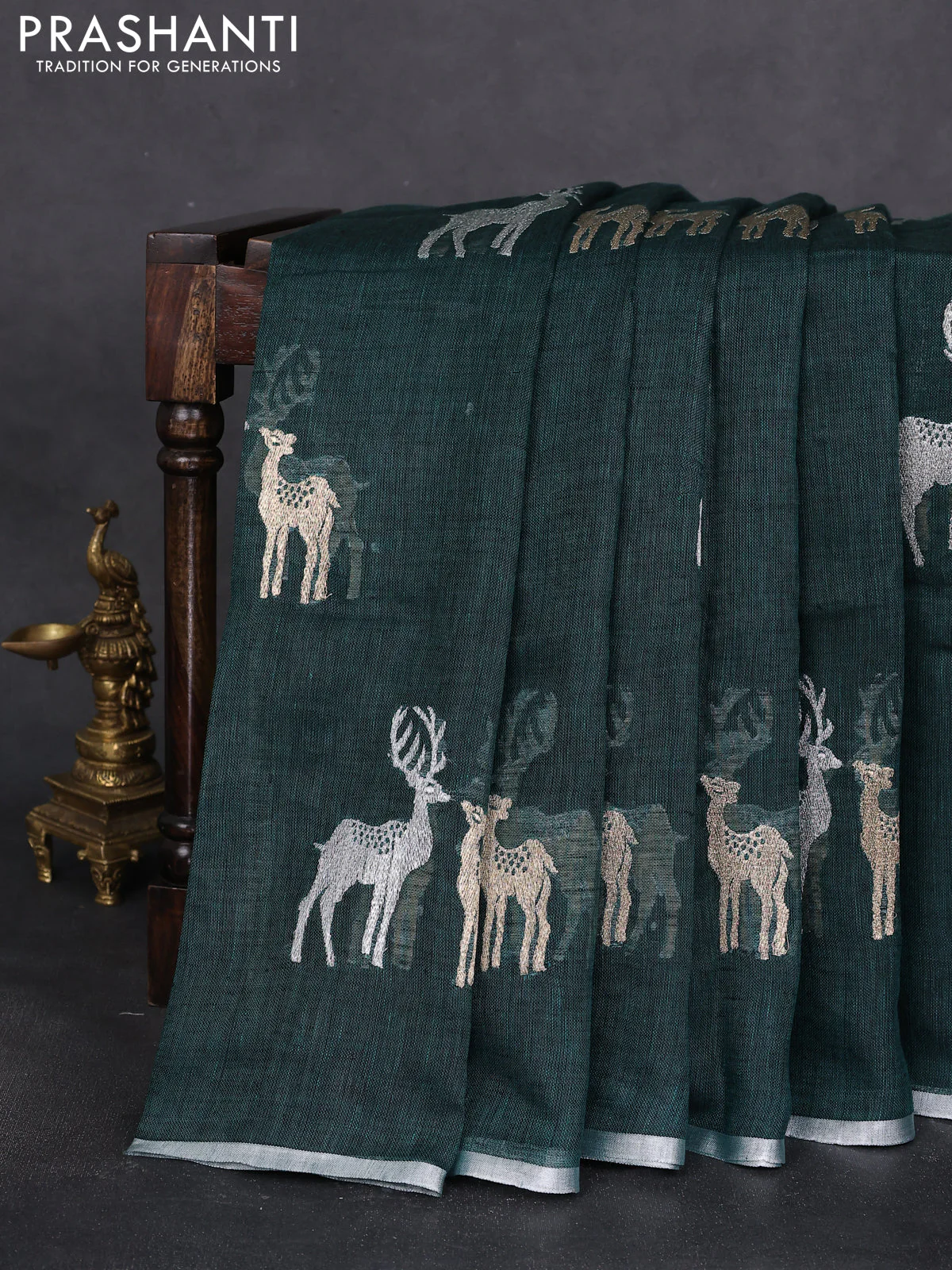 Pure linen saree peacock green with gold & silver zari woven buttas and silver zari woven piping border - Image 2