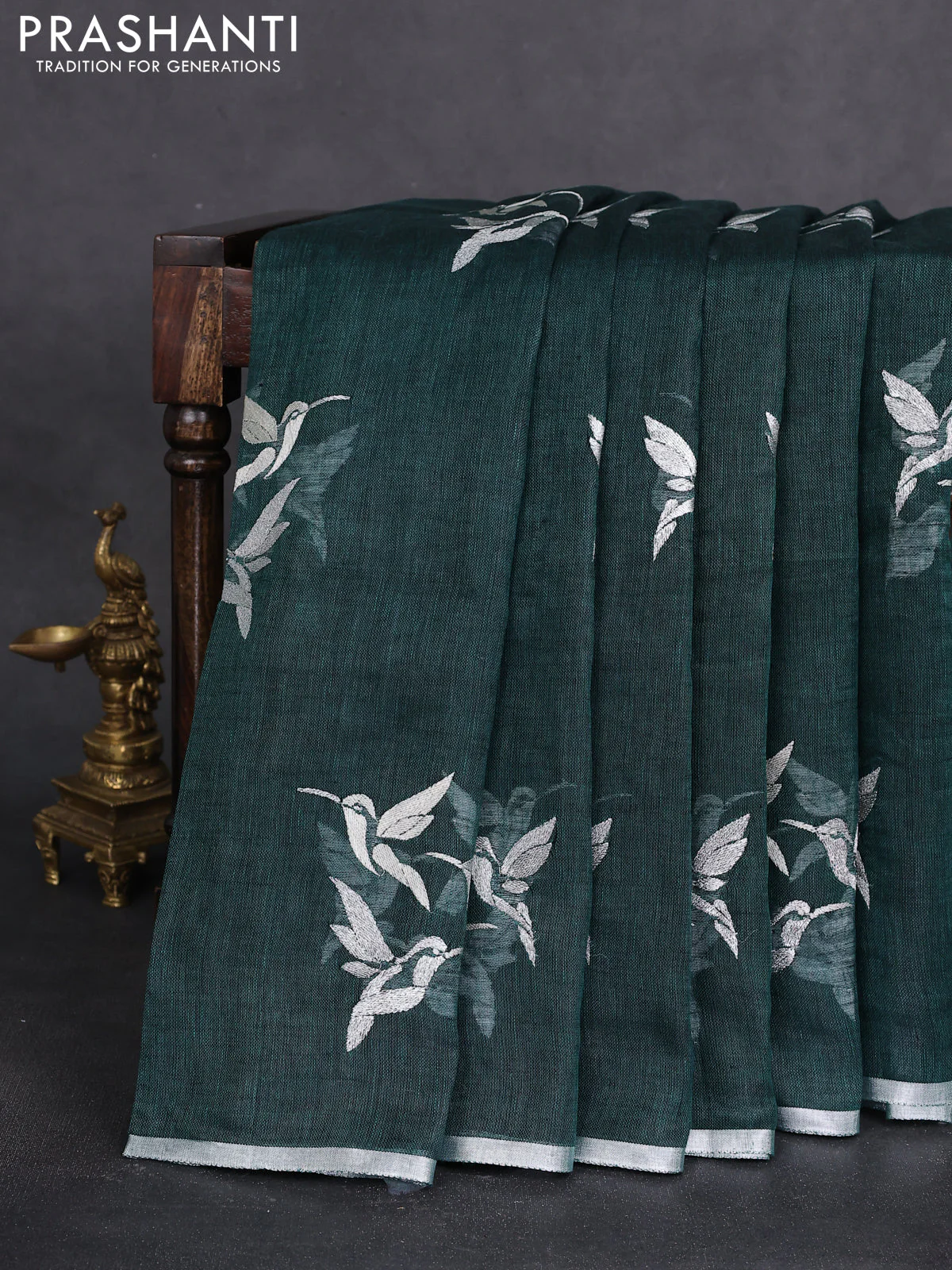 Pure linen saree peacock green with thread & silver zari woven buttas and silver zari woven piping border - Image 2