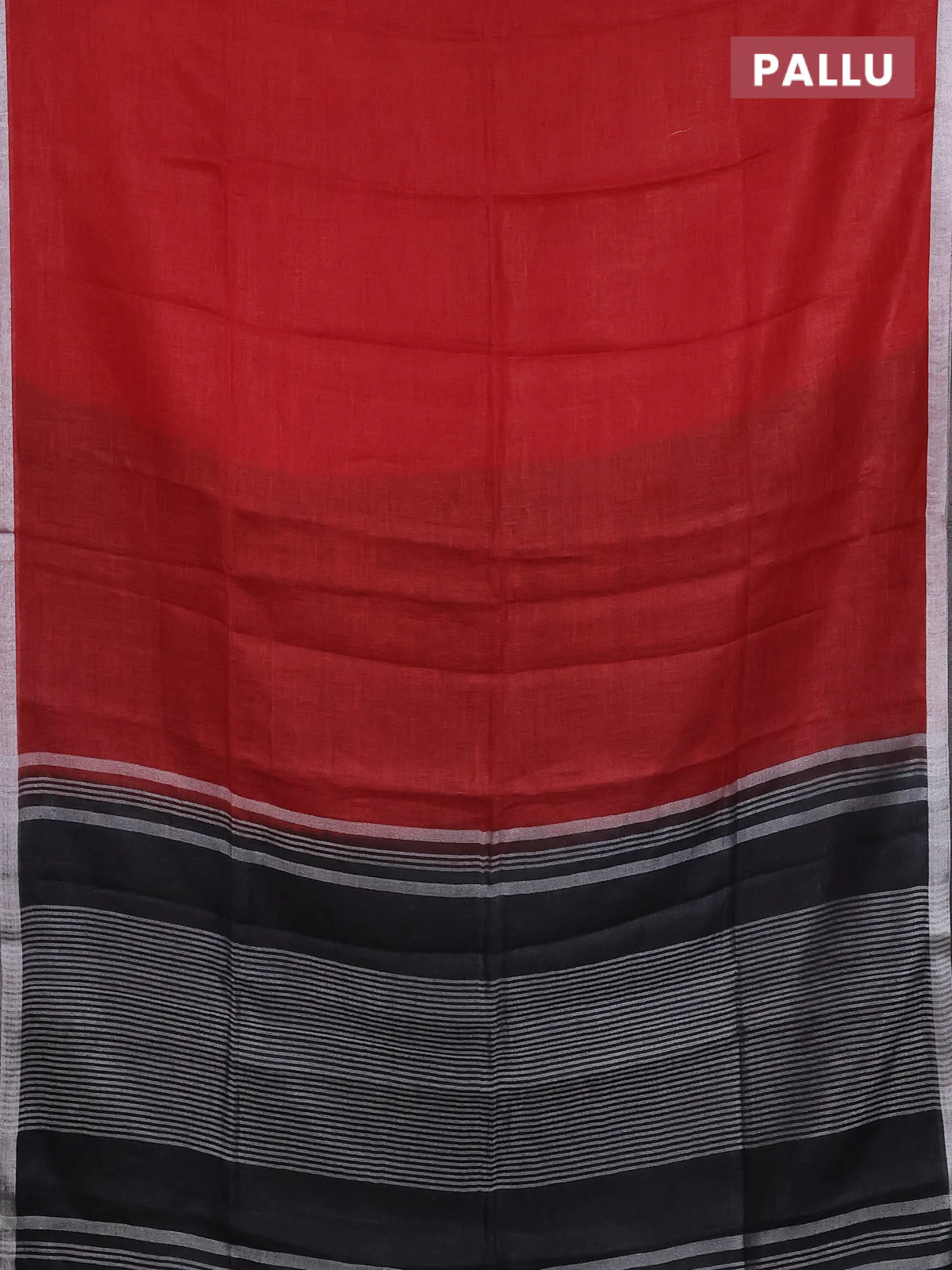 Pure linen saree red and black with plain body and silver zari woven border - Image 3