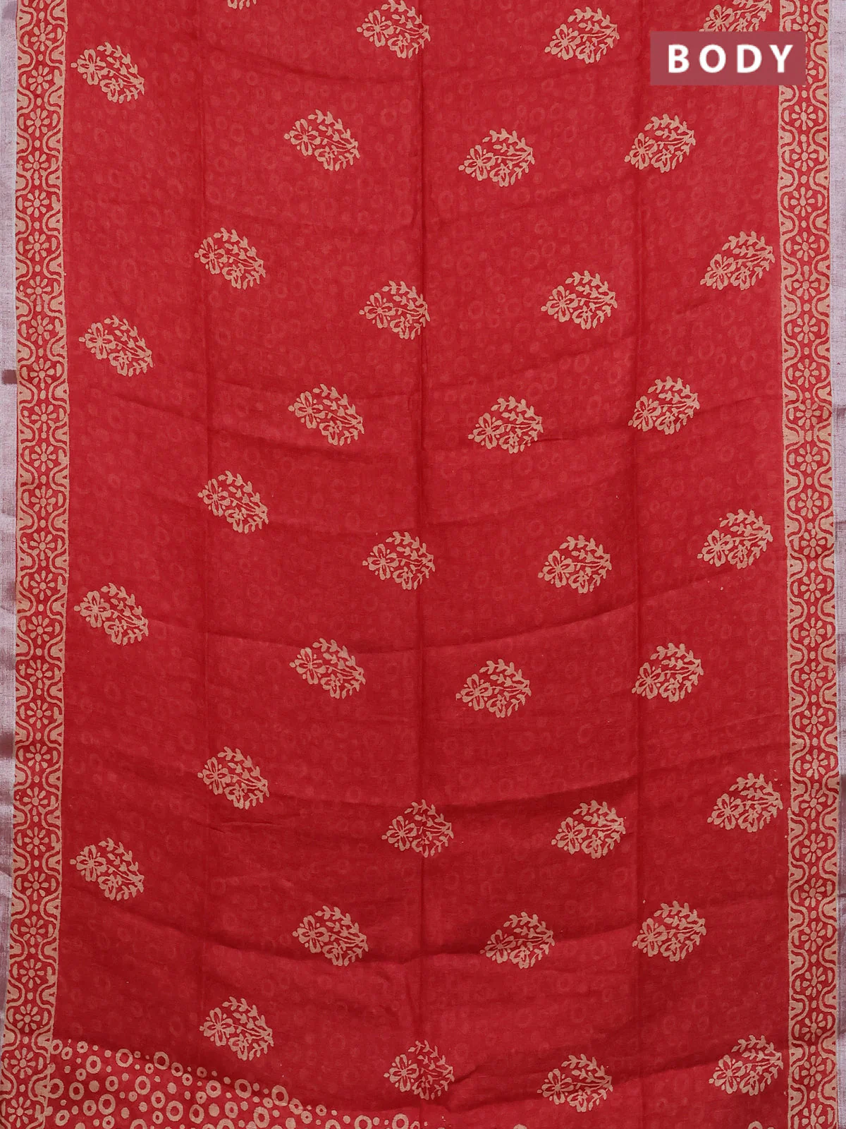 Pure linen saree red with allover butta prints and silver zari woven border - Image 2
