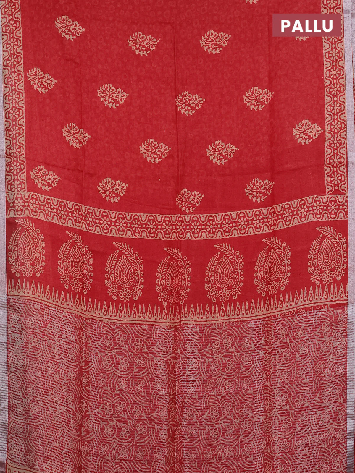 Pure linen saree red with allover butta prints and silver zari woven border - Image 3