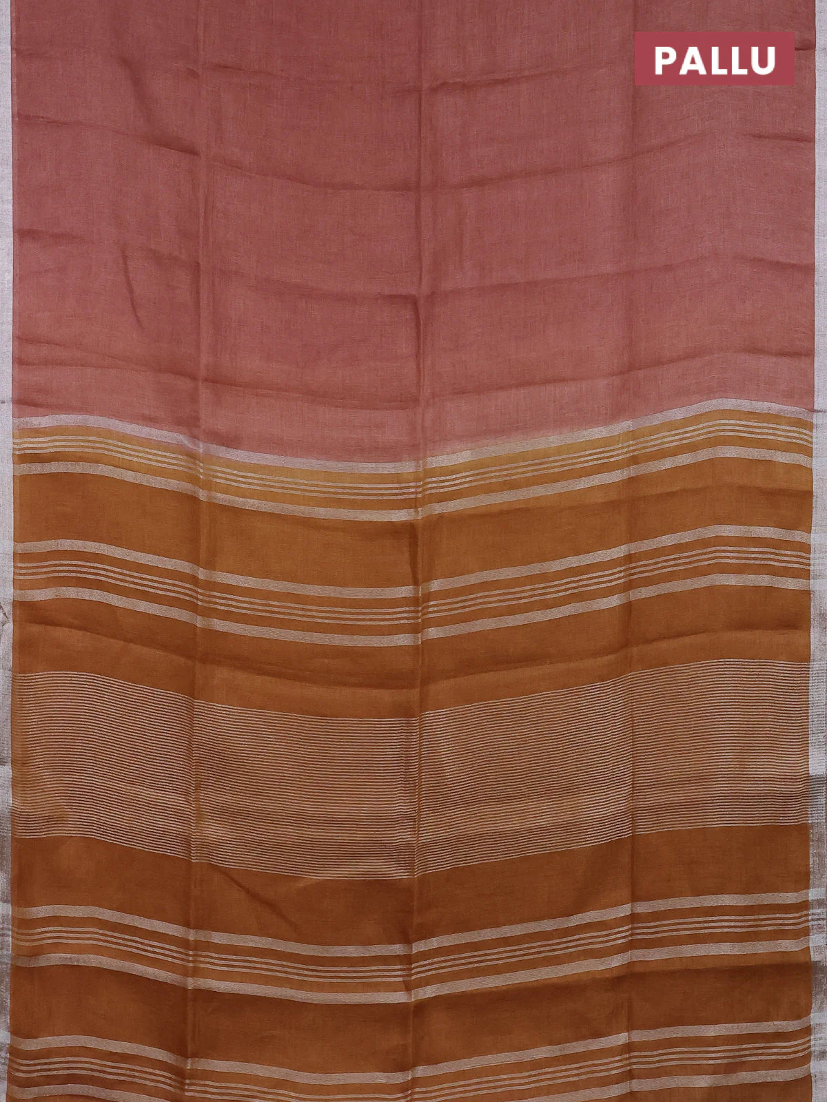 Pure linen saree rustic brown and dark mustard with plain body and silver zari woven border - Image 3