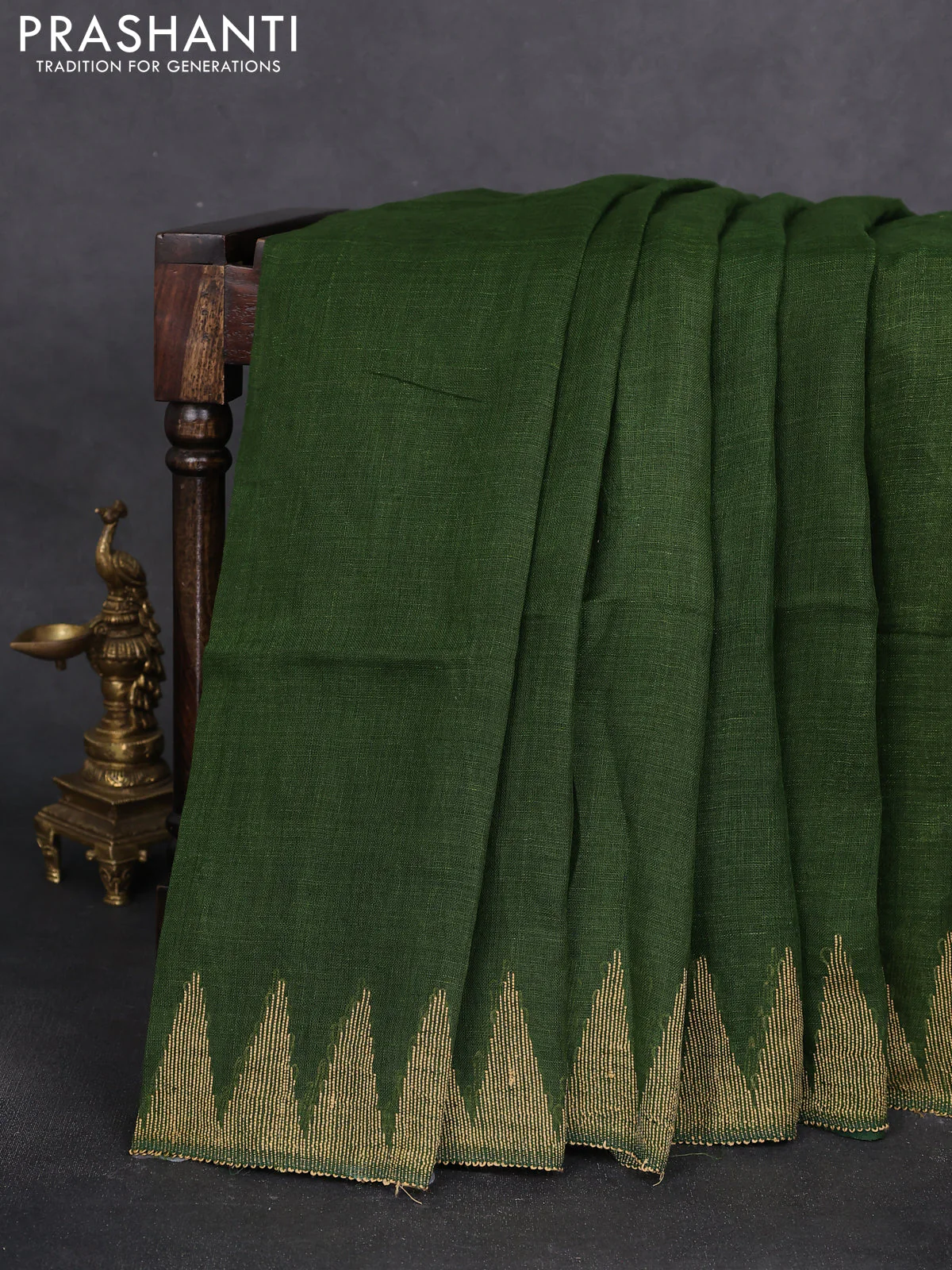 Pure linen saree sap green with plain body and thread weaving pallu - Image 2
