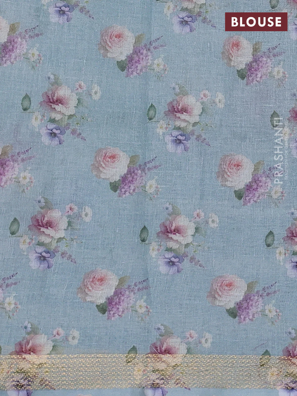 Pure linen saree teal blue and off white with allover flower prints and zari woven border - Image 3