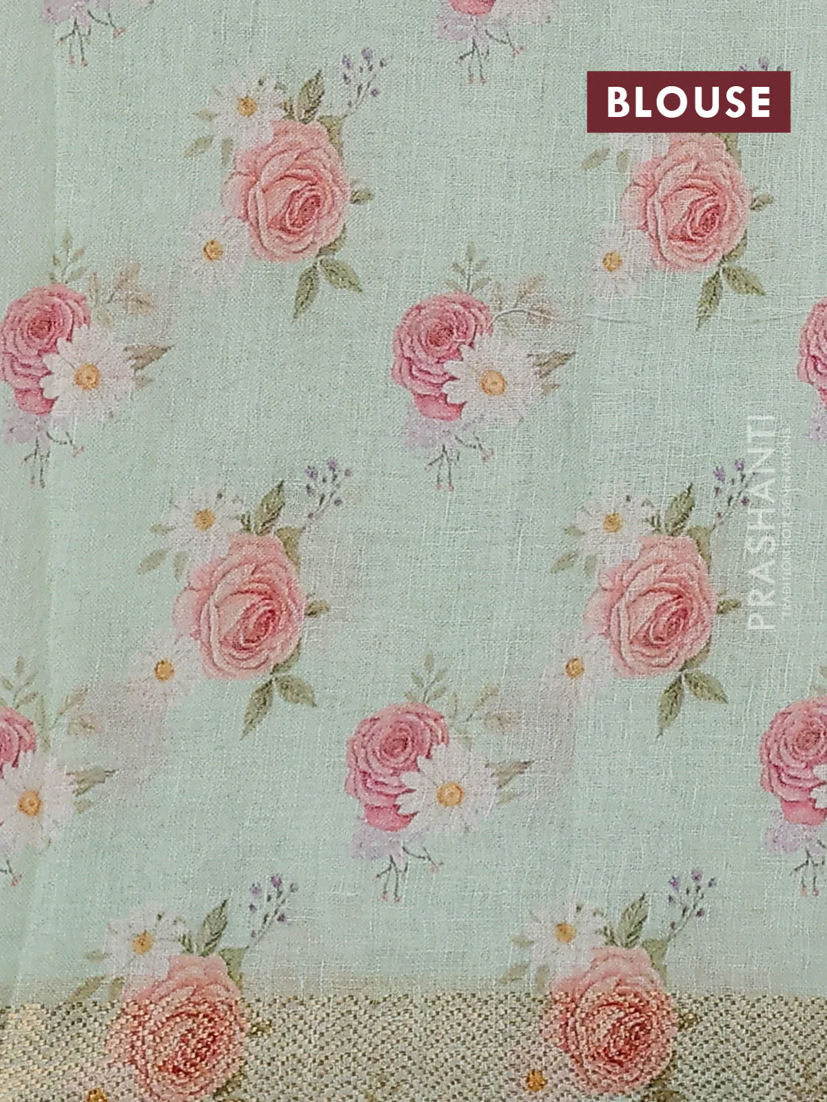 Pure linen saree teal green and cream with allover flower prints and zari woven border - Image 3