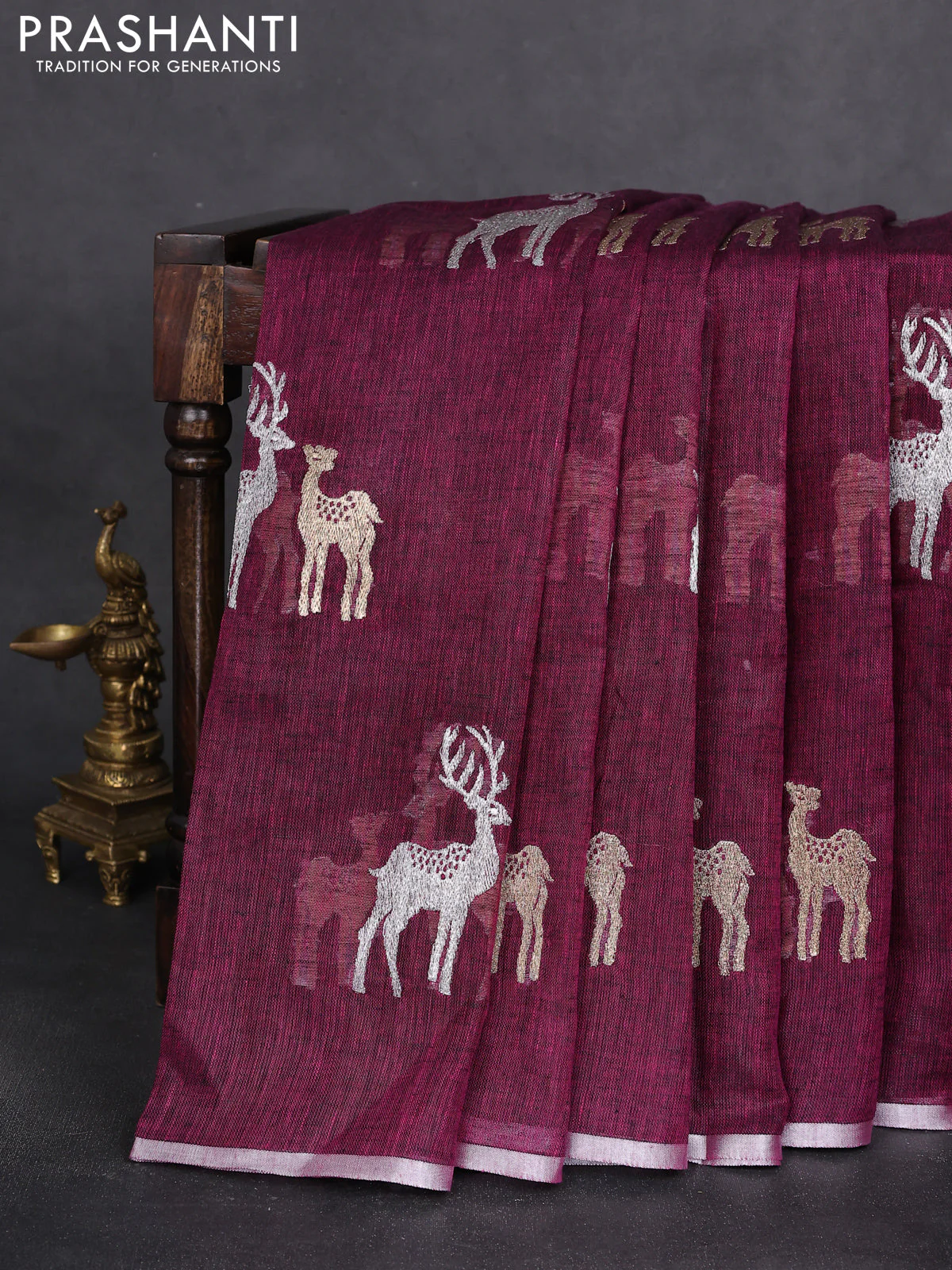 Pure linen saree wine shade with gold & silver zari woven buttas and silver zari woven piping border - Image 2