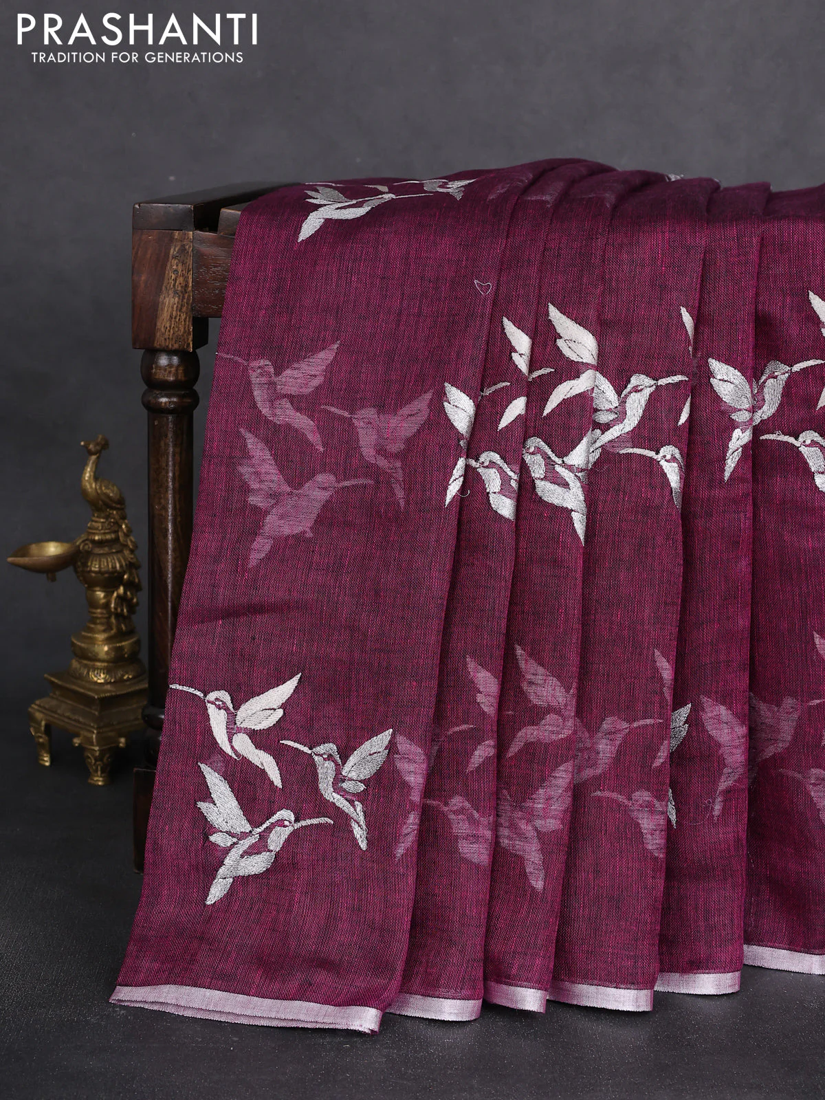 Pure linen saree wine shade with thread & silver zari woven buttas and silver zari woven piping border - Image 2