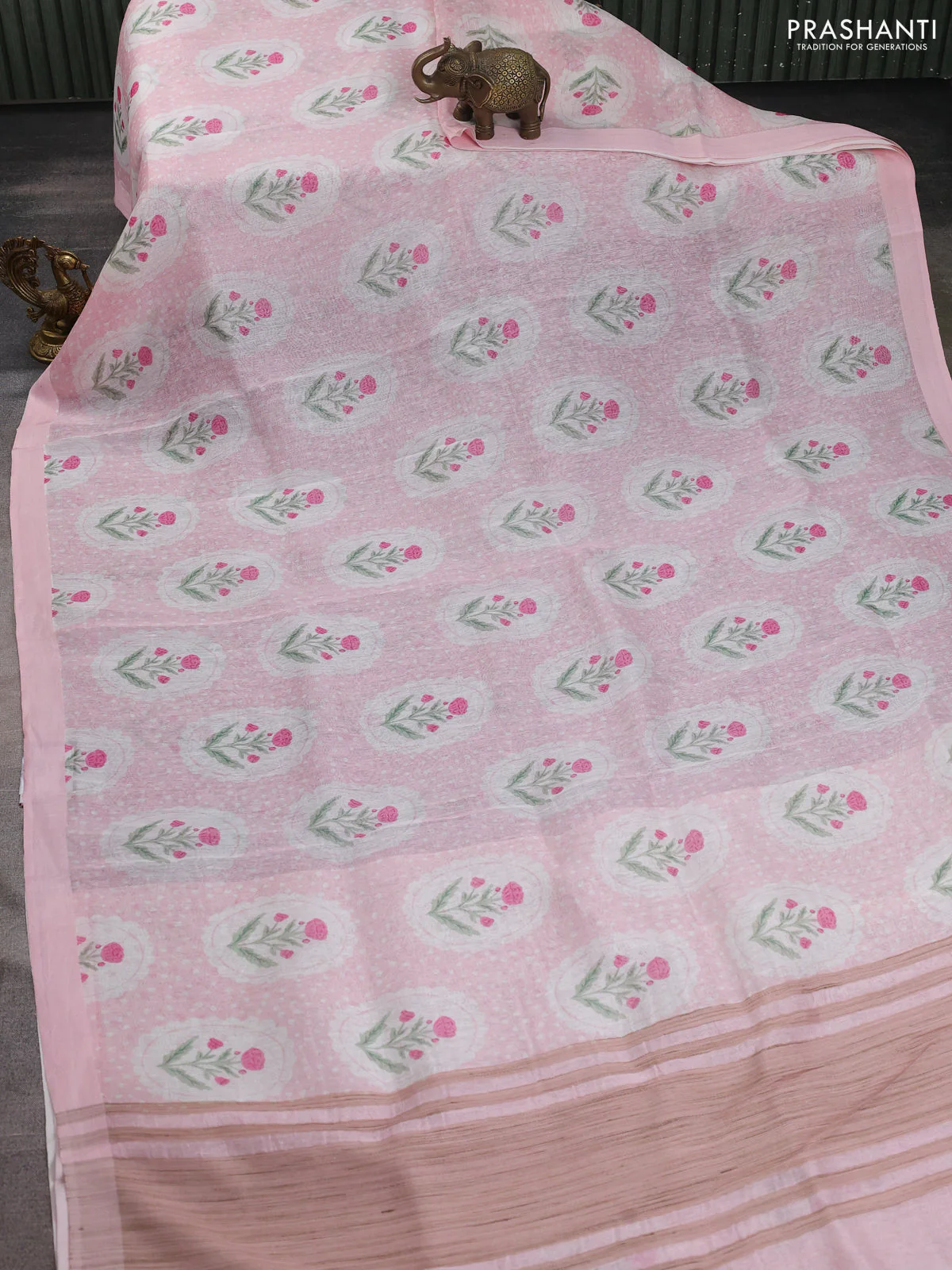 Pure linen silk saree baby pink with allover floral prints and simple border - Image 2