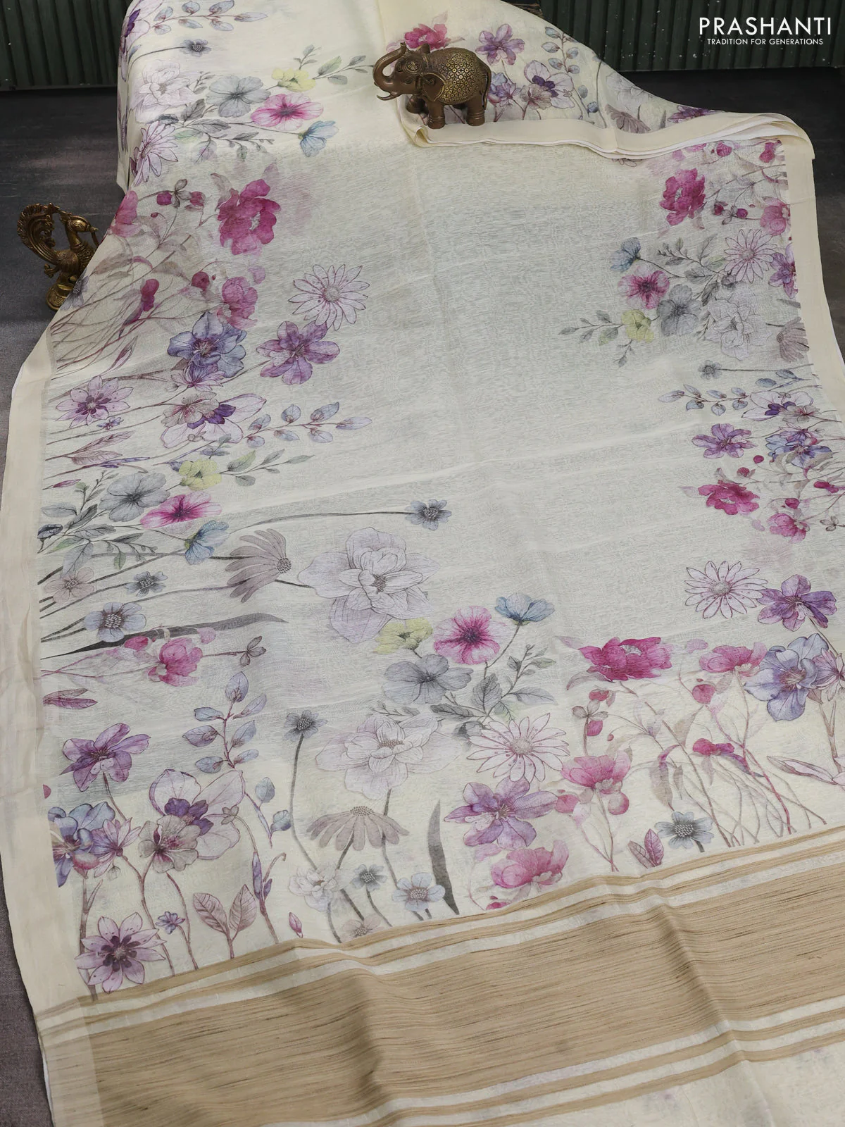 Pure linen silk saree cream with allover floral prints and simple border - Image 2