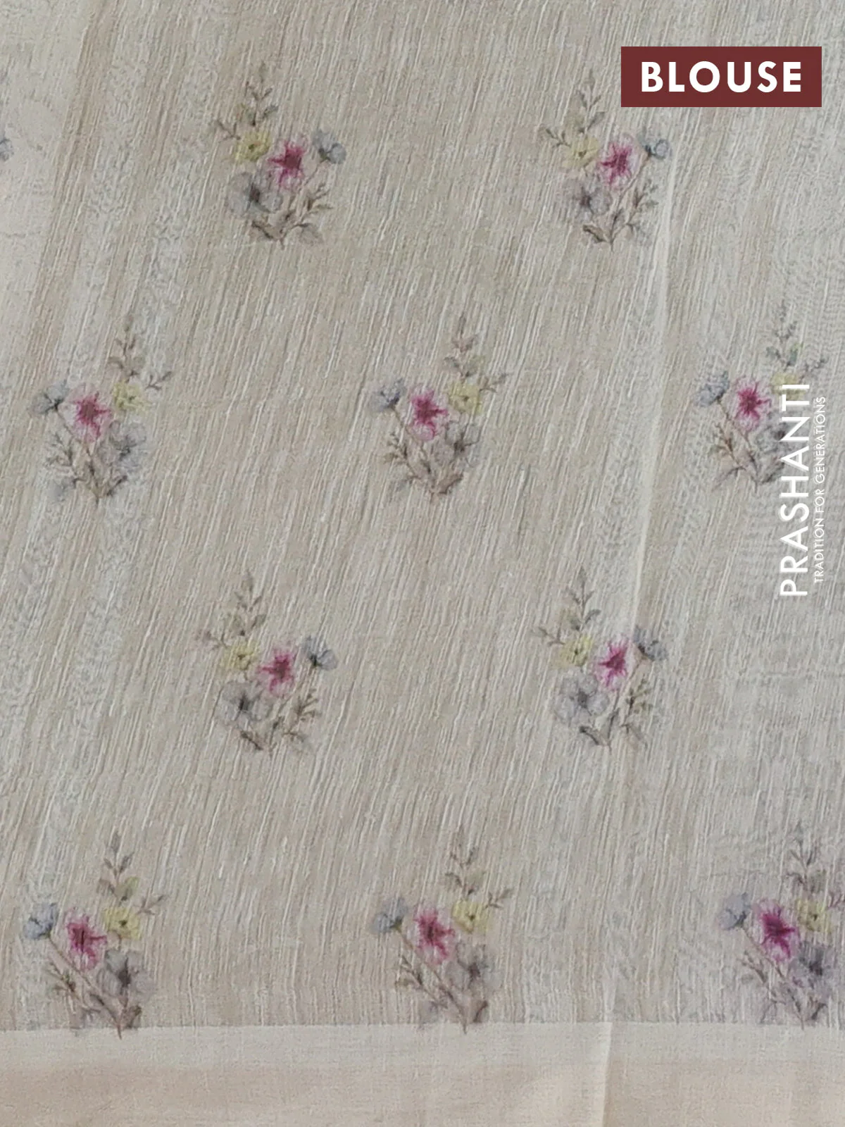 Pure linen silk saree cream with allover floral prints and simple border - Image 3