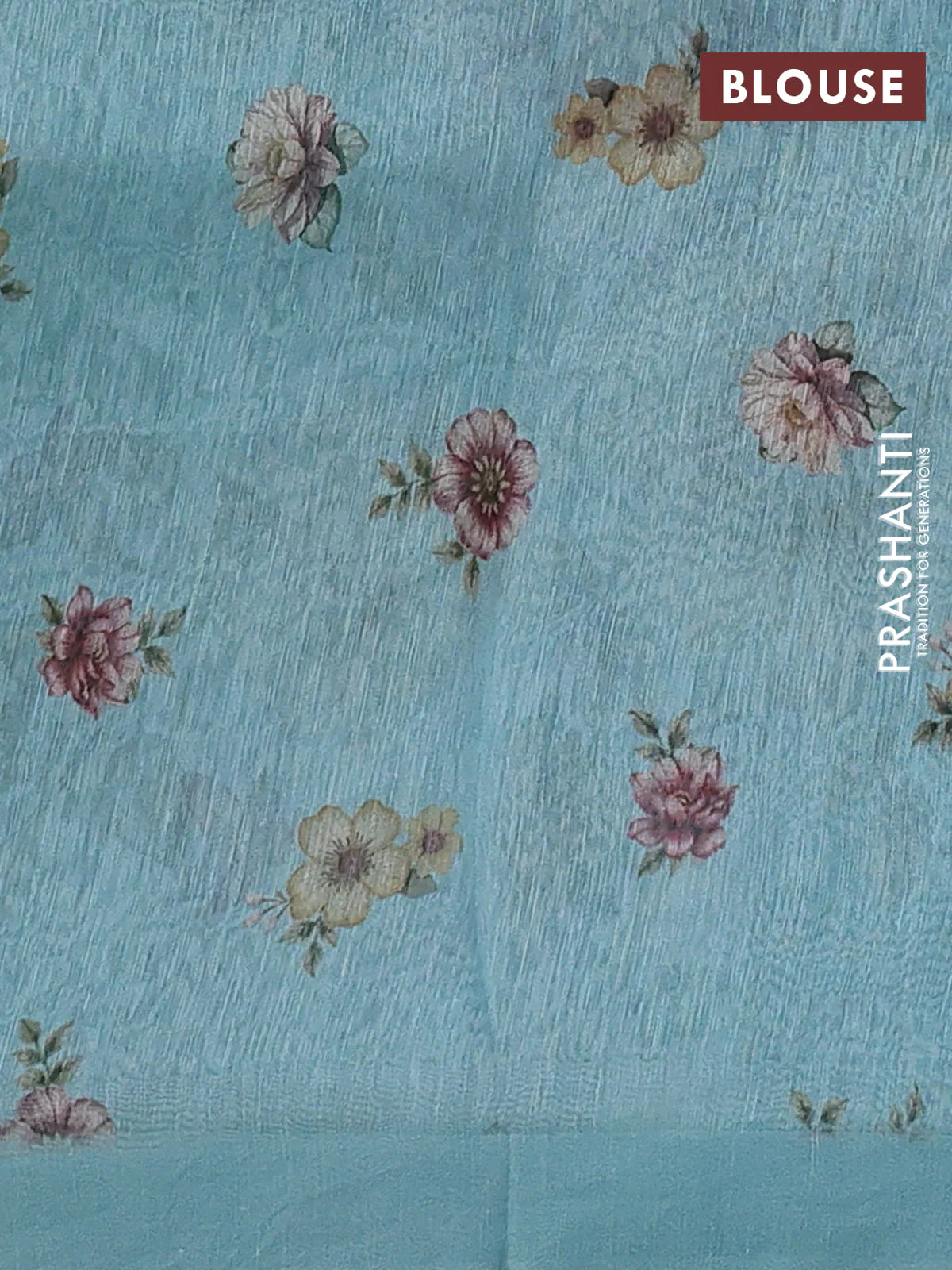 Pure linen silk saree light blue with allover floral prints and simple border - Image 3
