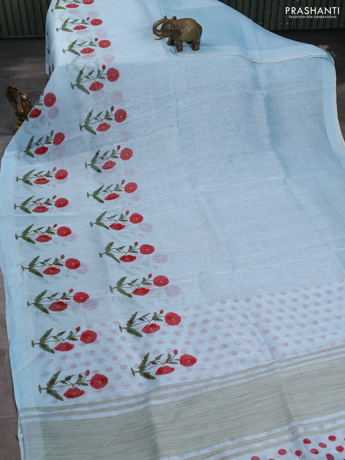 Pure linen silk saree light blue with allover floral prints and simple border - Image 2