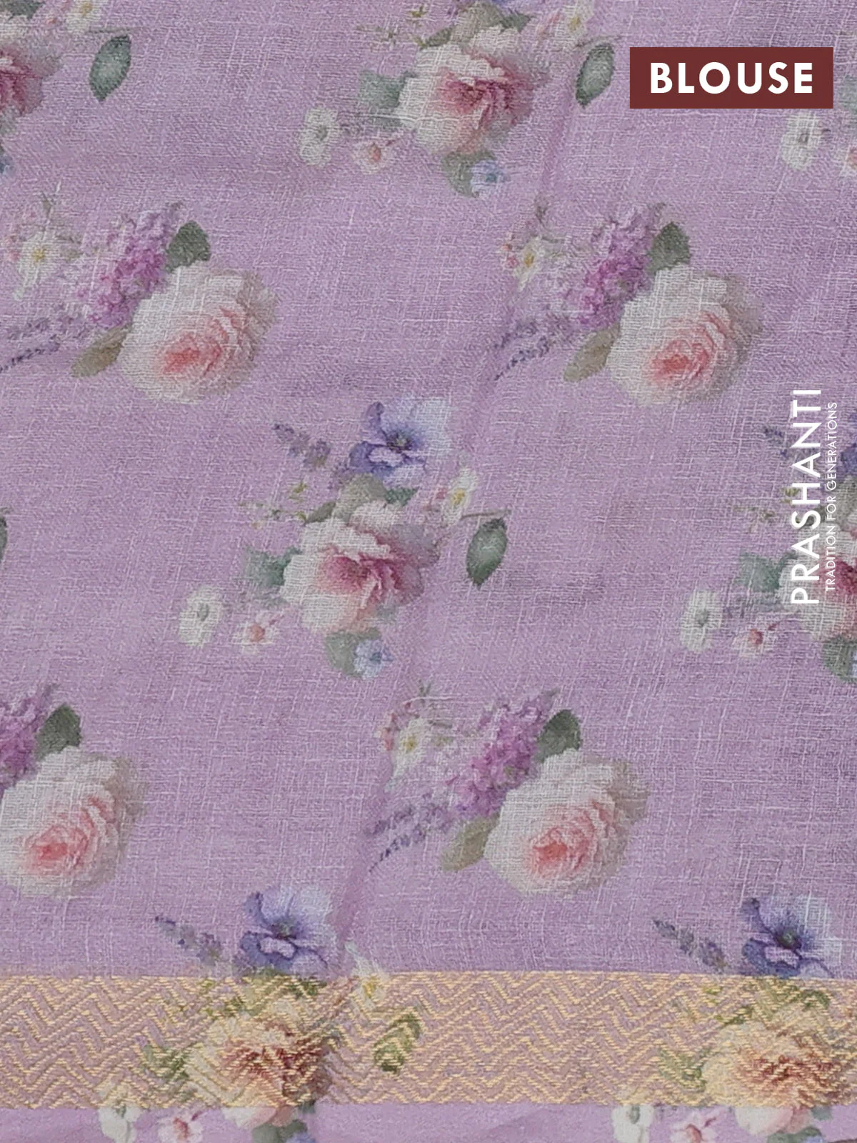 Pure linen silk saree mild lavender with allover floral prints and zari woven border - Image 3