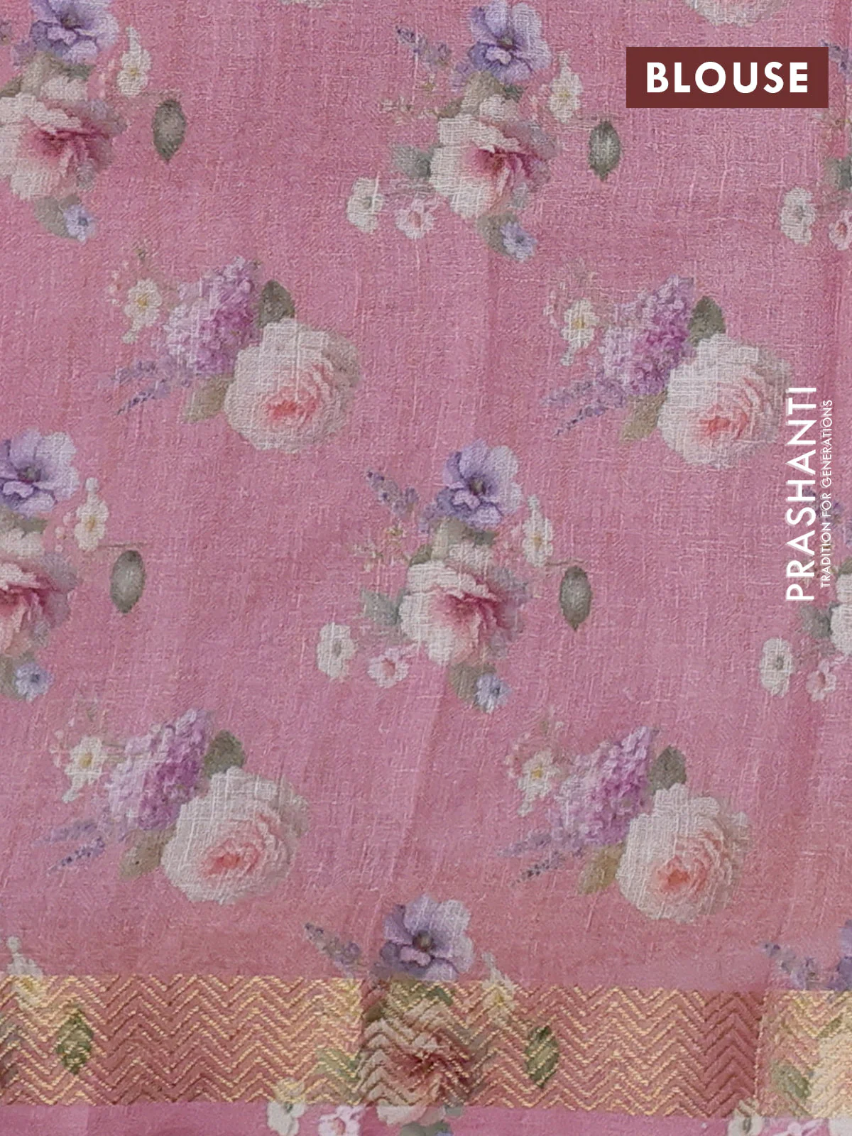 Pure linen silk saree mild peach with allover floral prints and zari woven border - Image 3