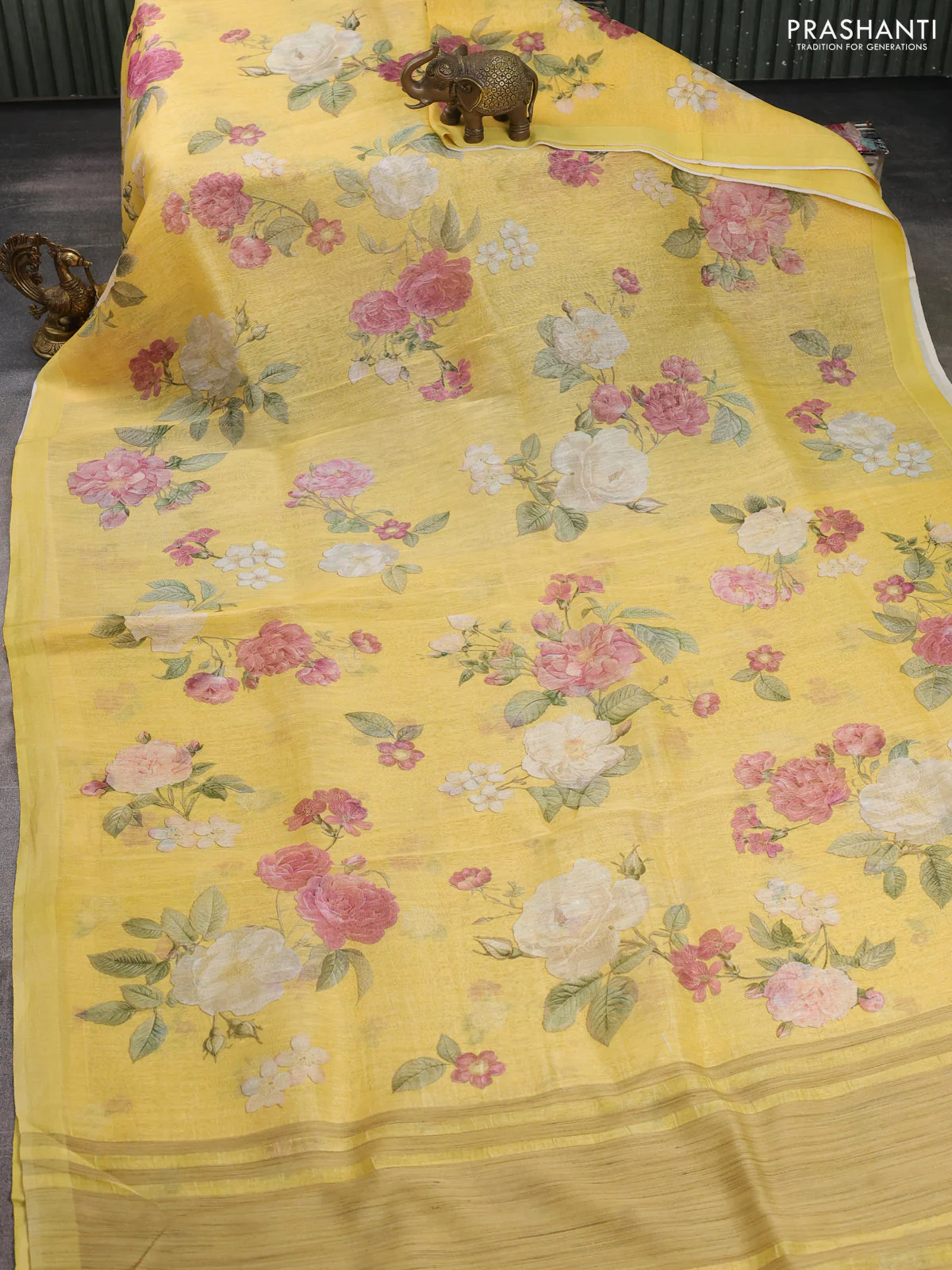 Pure linen silk saree mustrad yellow with allover floral prints and simple border - Image 2