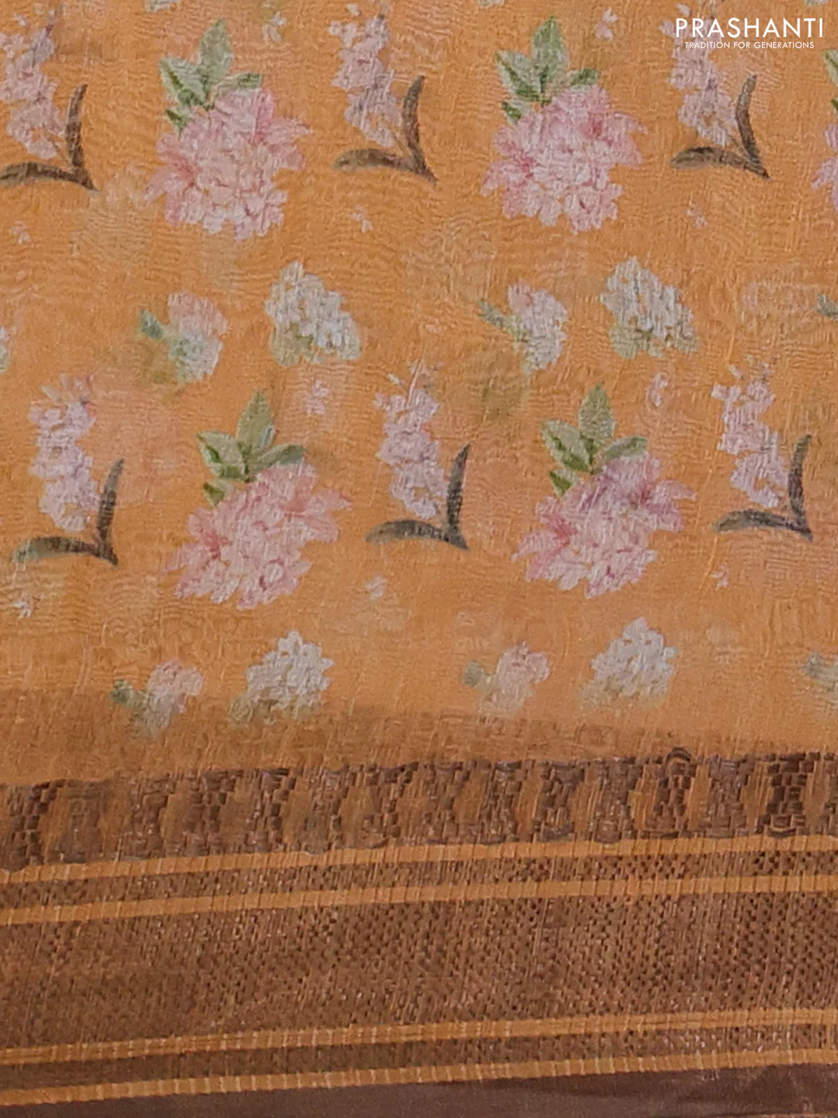 Pure linen silk saree pale orange and orange with allover floral prints and zari woven border - Image 3