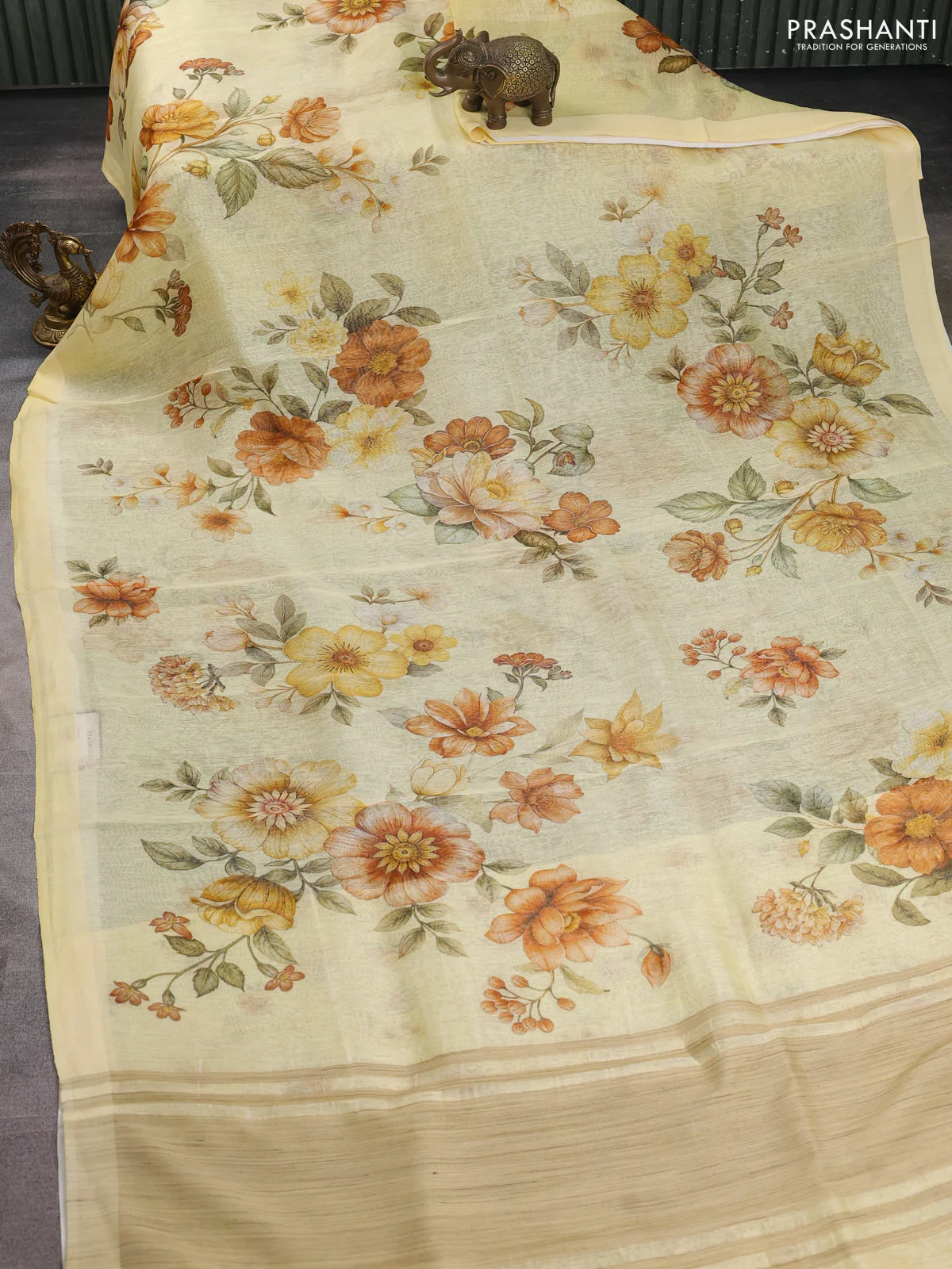 Pure linen silk saree pale yellow with allover floral prints and simple border - Image 2