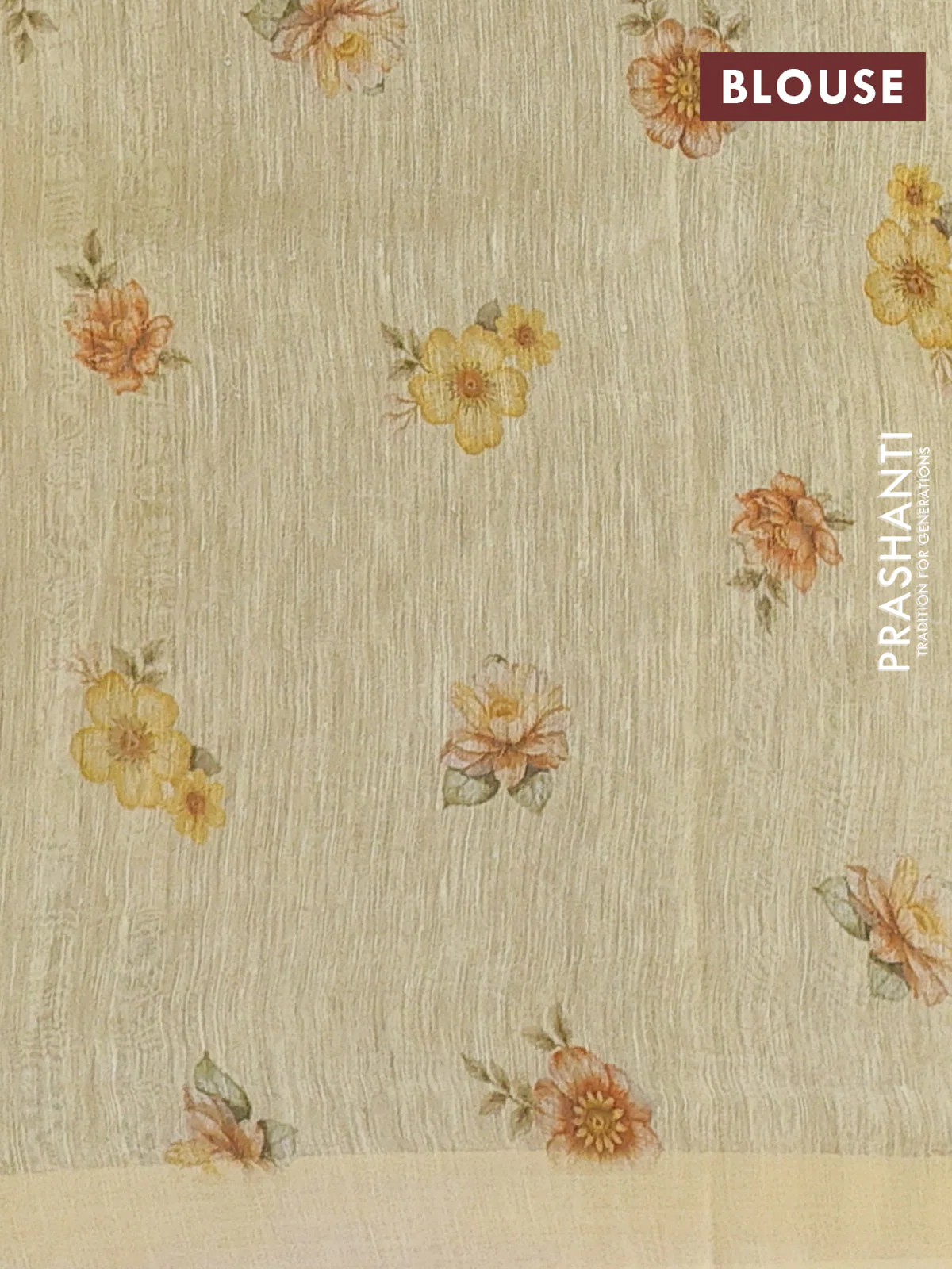 Pure linen silk saree pale yellow with allover floral prints and simple border - Image 3