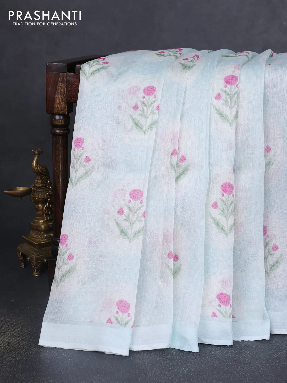 Pure linen silk saree pastel blue with allover floral prints and simple border