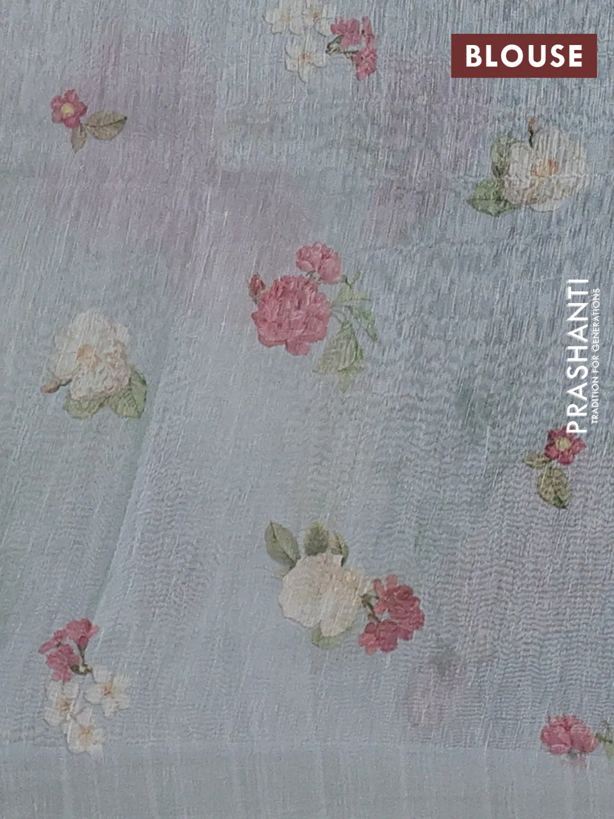 Pure linen silk saree pastel green with allover floral prints and simple border - Image 3