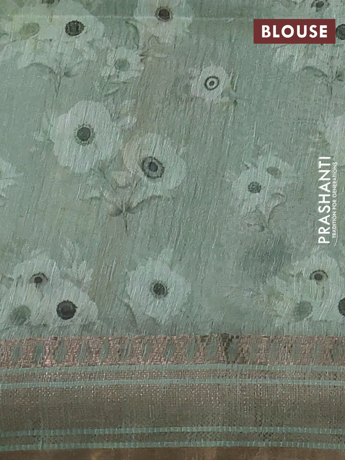 Pure linen silk saree pastel green with allover floral prints and zari woven border - Image 3