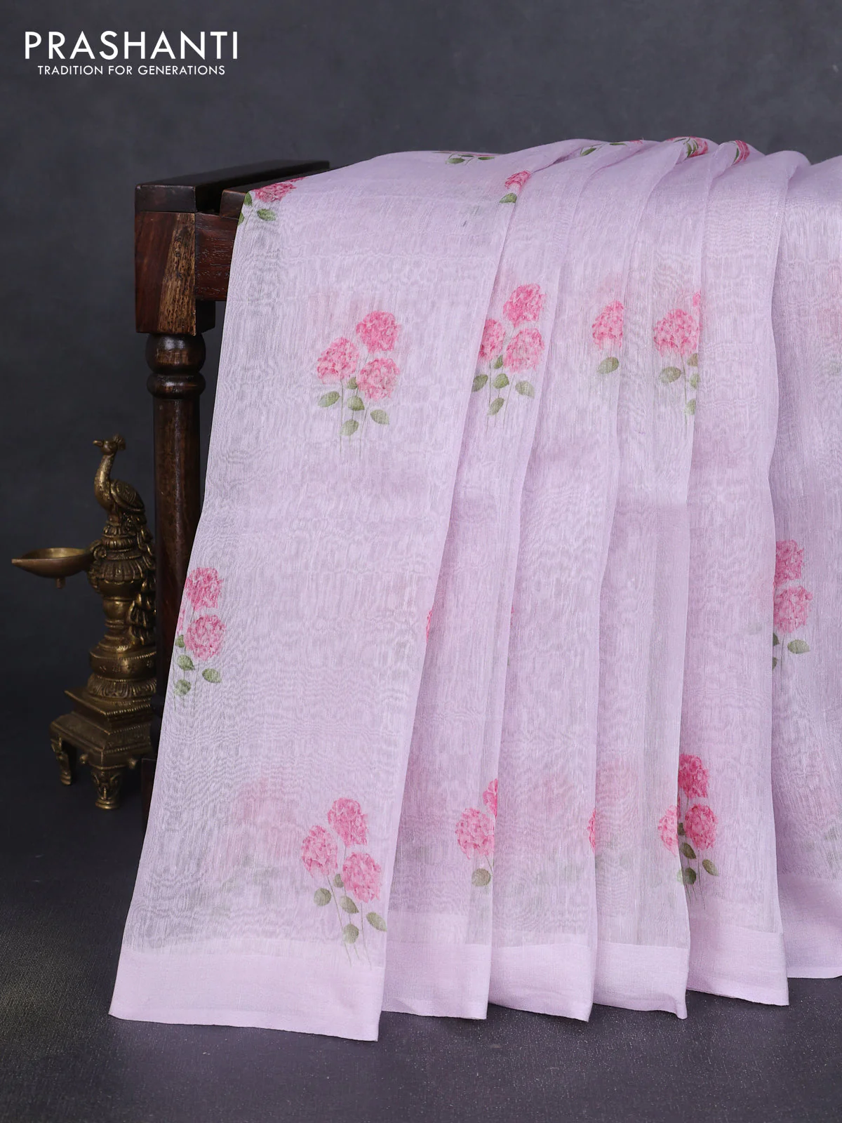 Pure linen silk saree pastel lavender with allover floral prints and simple border