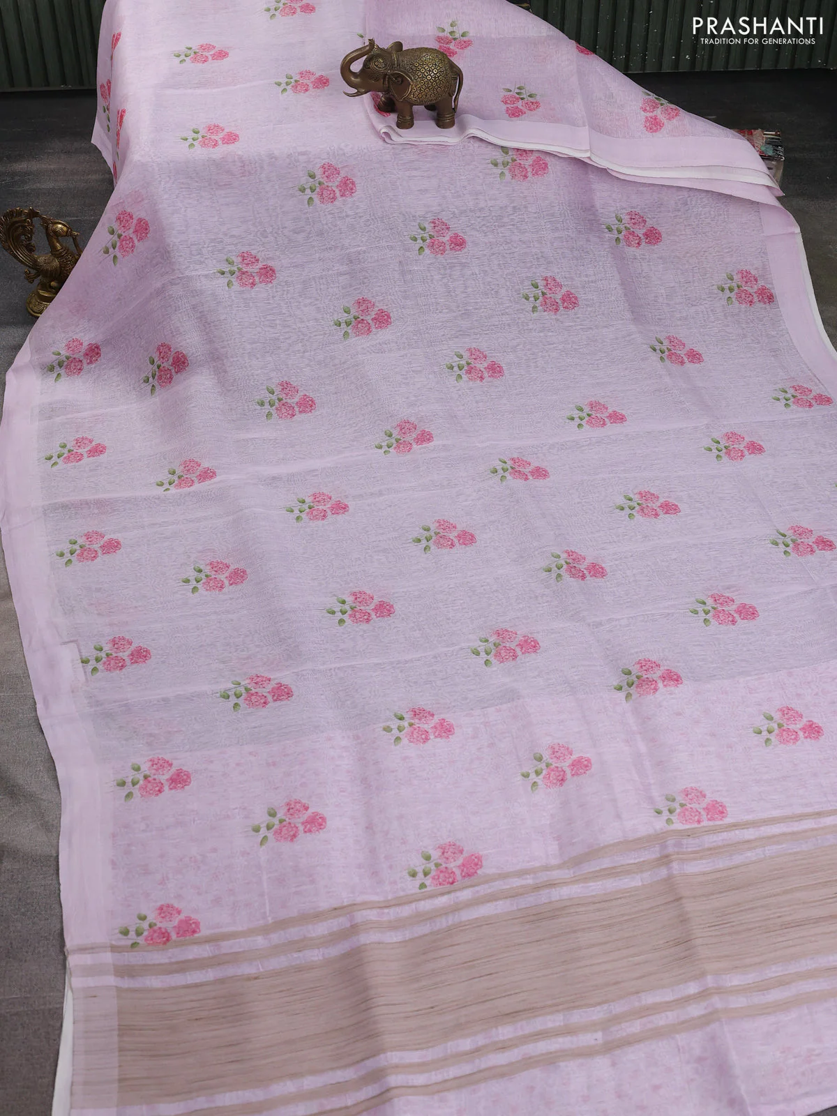 Pure linen silk saree pastel lavender with allover floral prints and simple border - Image 2