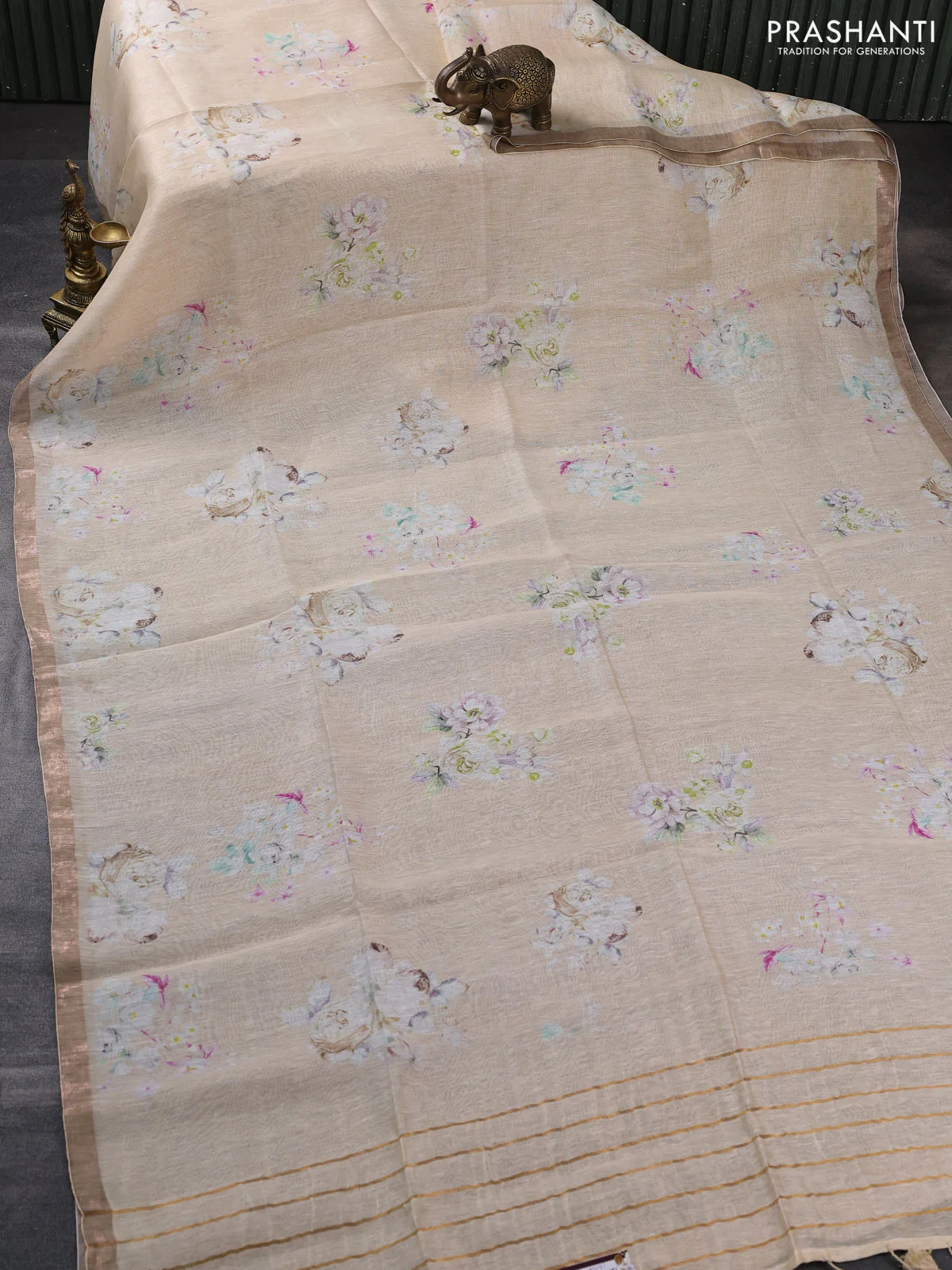 Pure linen silk saree sandal with floral butta prints and small zari woven border - Image 2