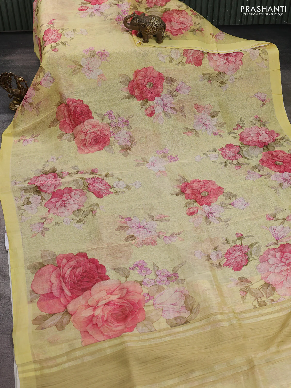 Pure linen silk saree yellow with allover floral prints and simple border - Image 2