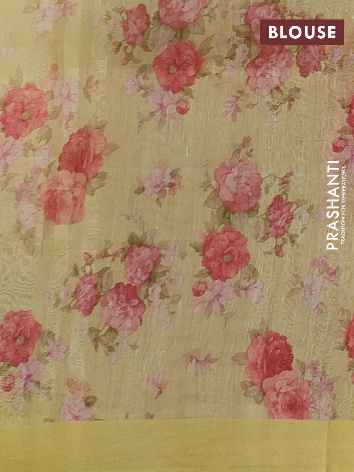 Pure linen silk saree yellow with allover floral prints and simple border - Image 3
